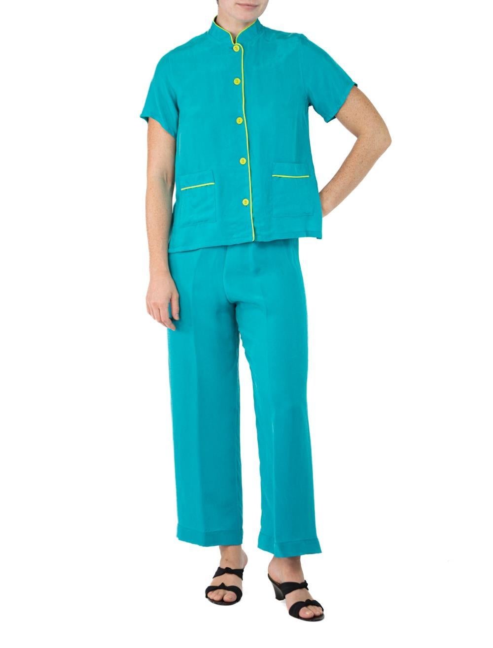 Women's Morphew Collection Teal & Neon Yellow Trim Cold Rayon Bias Pajamas Master Medium For Sale