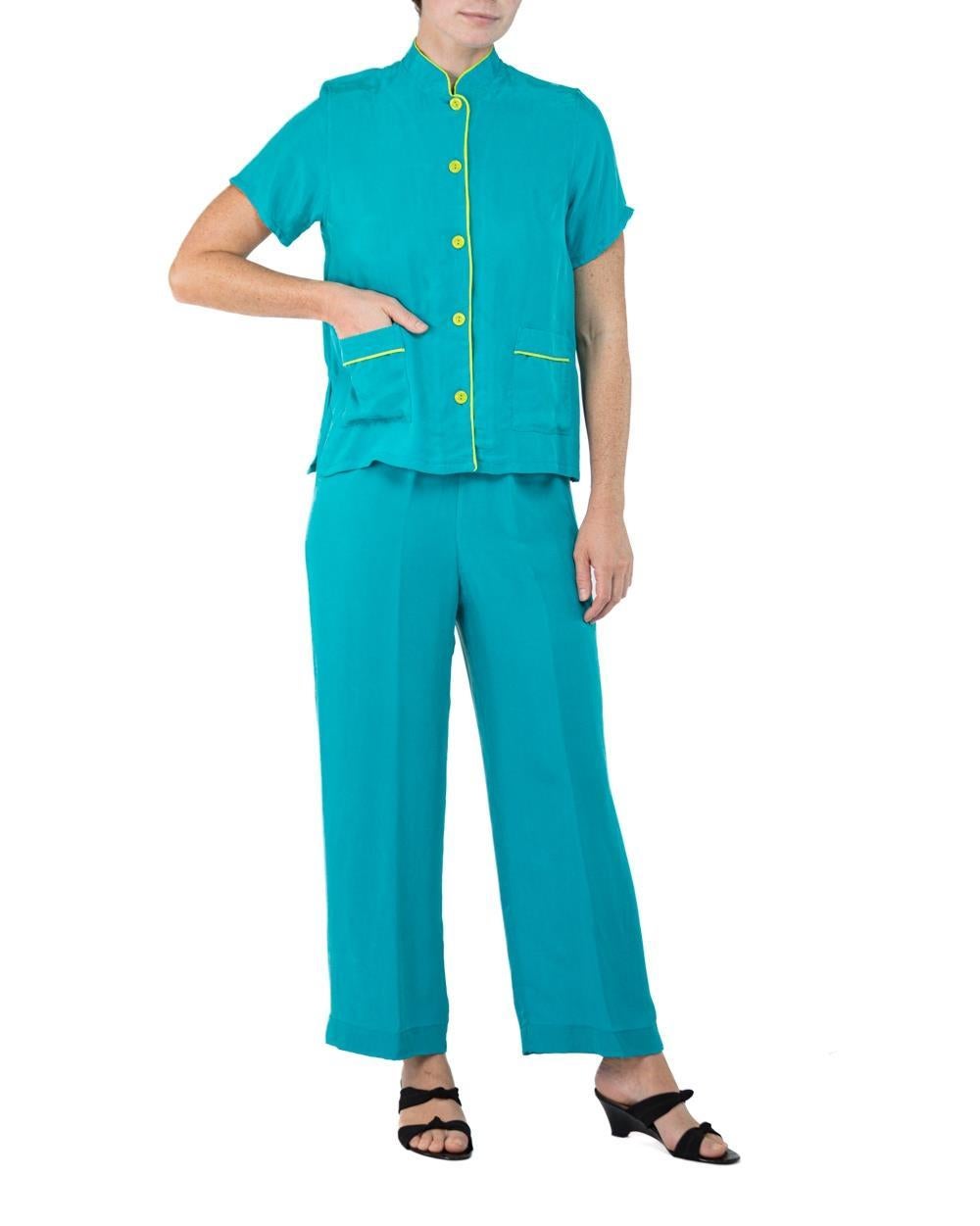 Morphew Collection Teal & Neon Yellow Trim Cold Rayon Bias Pajamas Master Medium For Sale 1