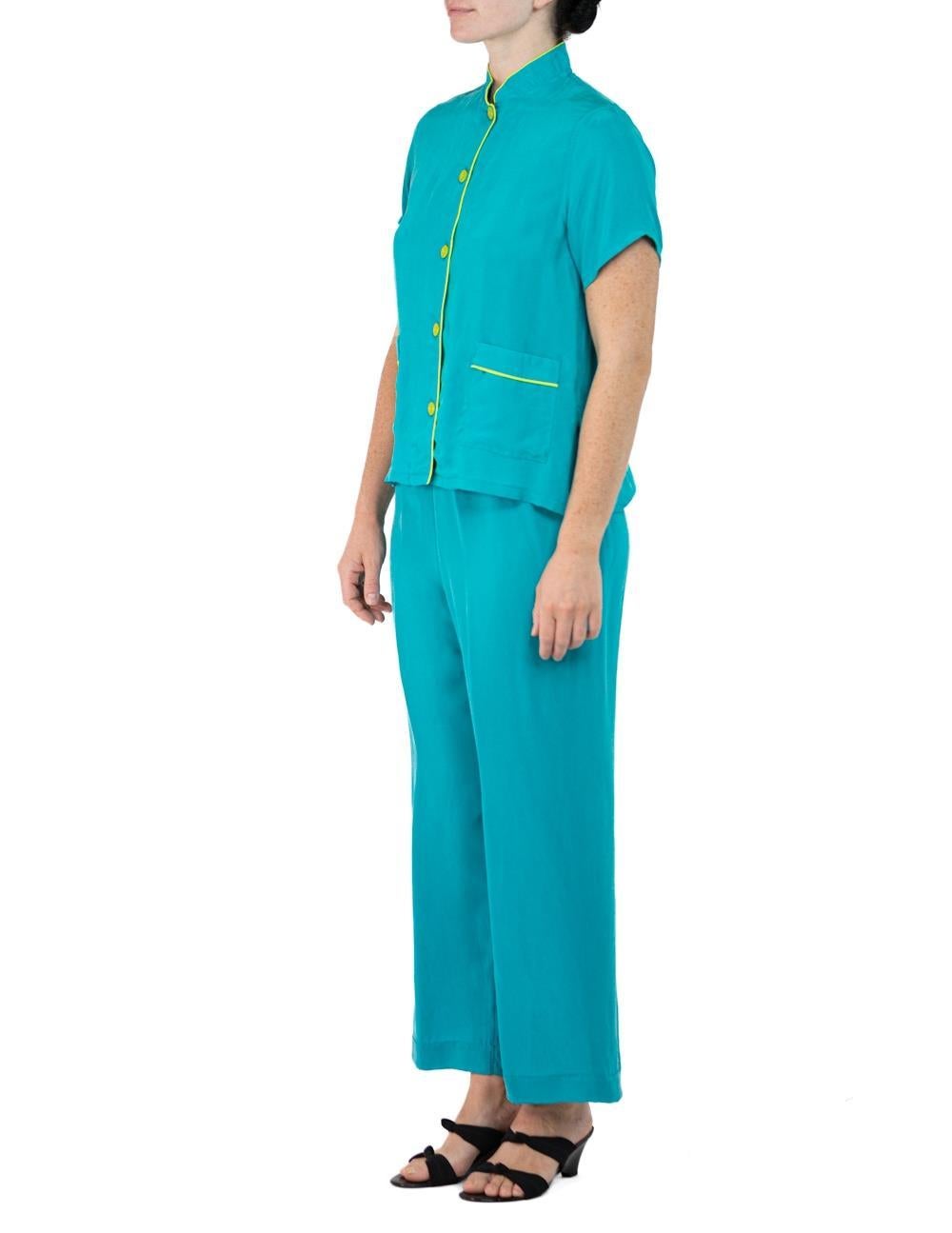 Morphew Collection Teal & Neon Yellow Trim Cold Rayon Bias Pajamas Master Medium For Sale 2