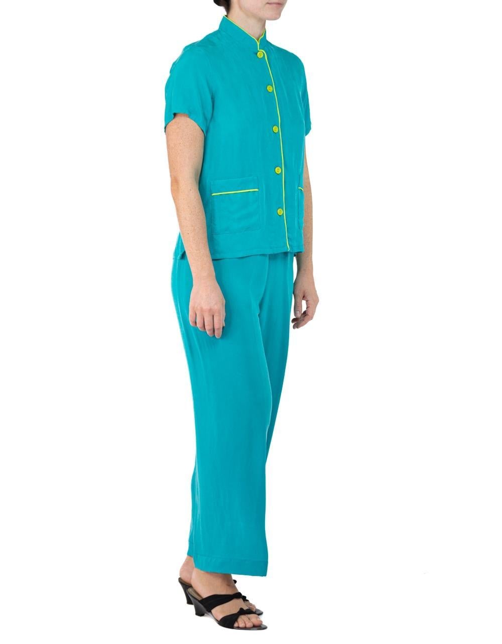 Morphew Collection Teal & Neon Yellow Trim Cold Rayon Bias Pajamas Master Medium For Sale 3