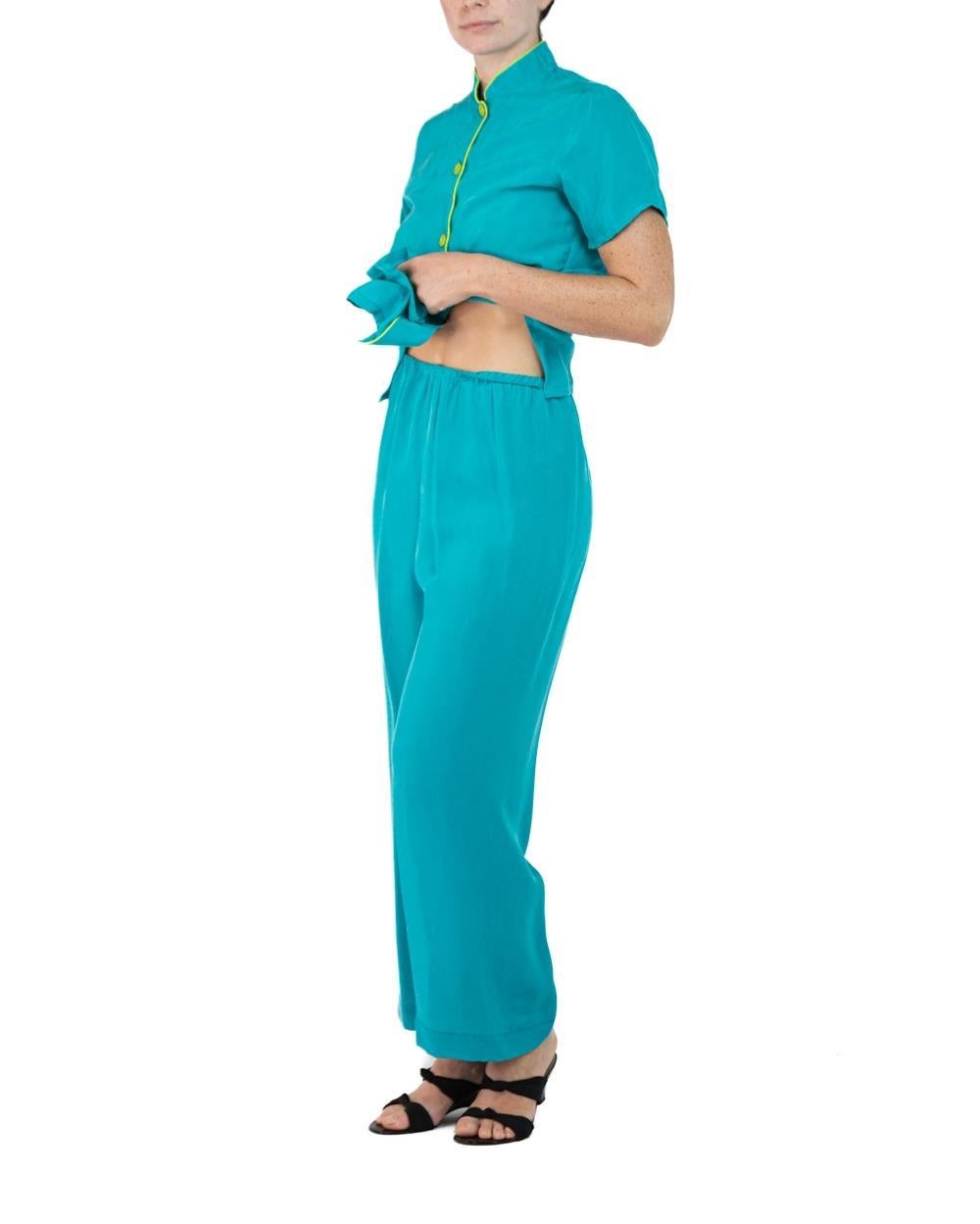 Morphew Collection Teal & Neon Yellow Trim Cold Rayon Bias Pajamas Master Medium For Sale 5