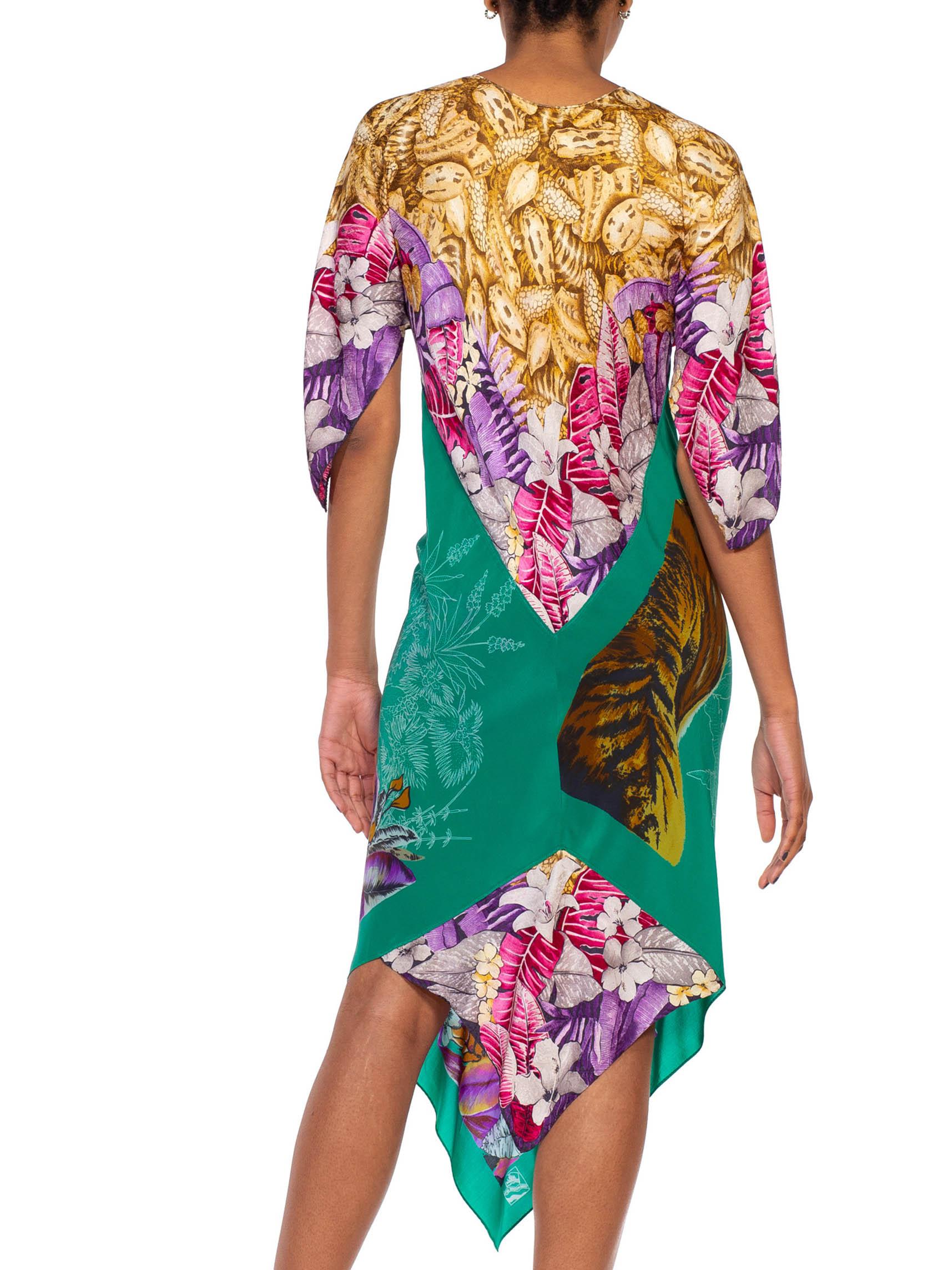 MORPHEW COLLECTION Teal & Purple Tropical Silk Two Scarf Dress 6