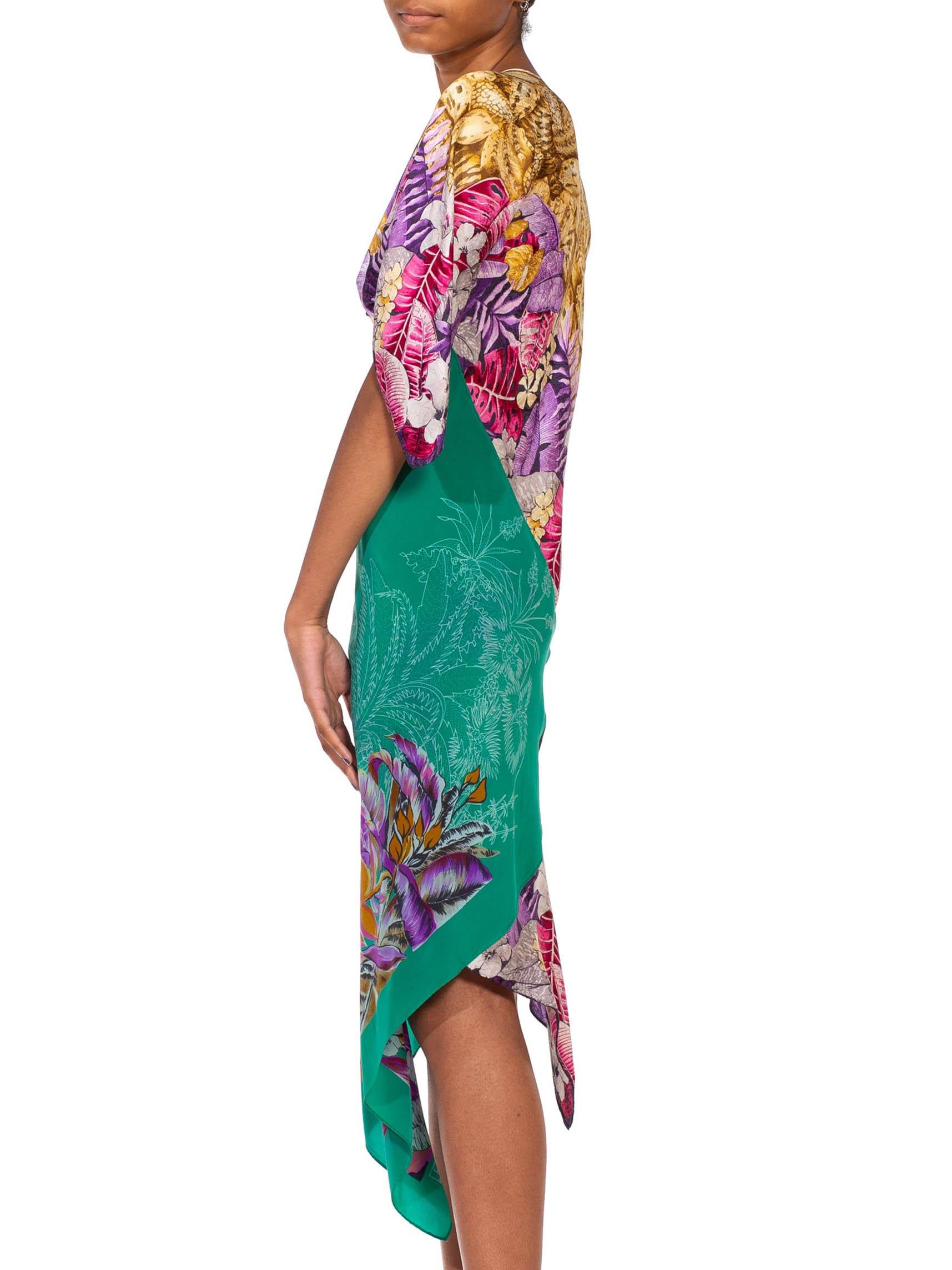 MORPHEW COLLECTION Teal & Purple Tropical Silk Two Scarf Dress In Excellent Condition In New York, NY