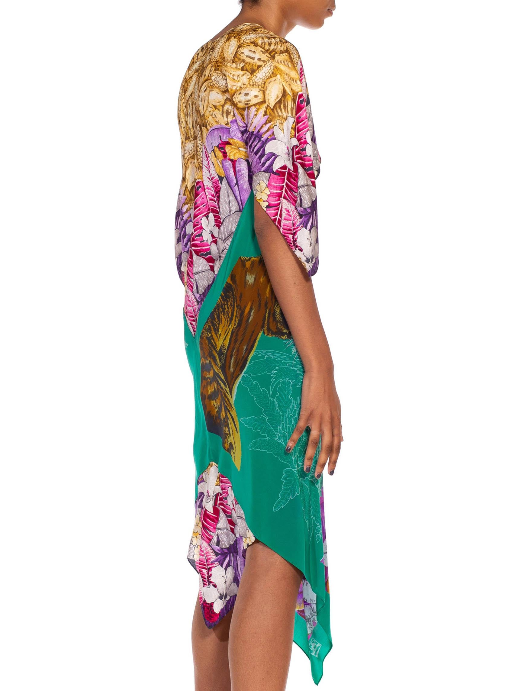 MORPHEW COLLECTION Teal & Purple Tropical Silk Two Scarf Dress 1