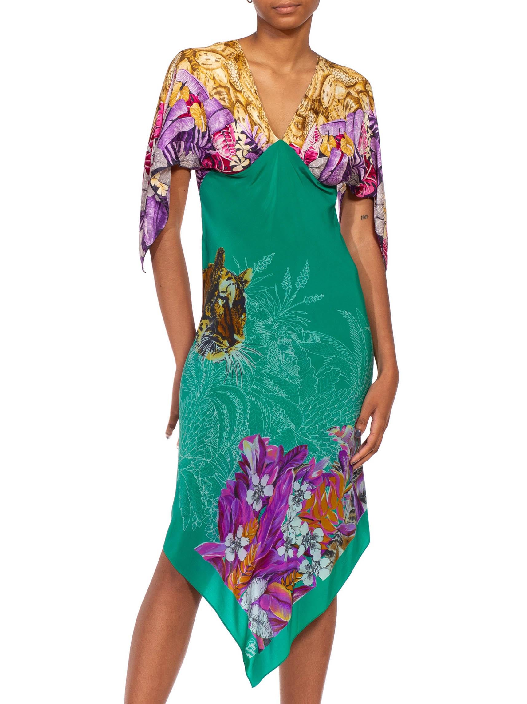 MORPHEW COLLECTION Teal & Purple Tropical Silk Two Scarf Dress 2