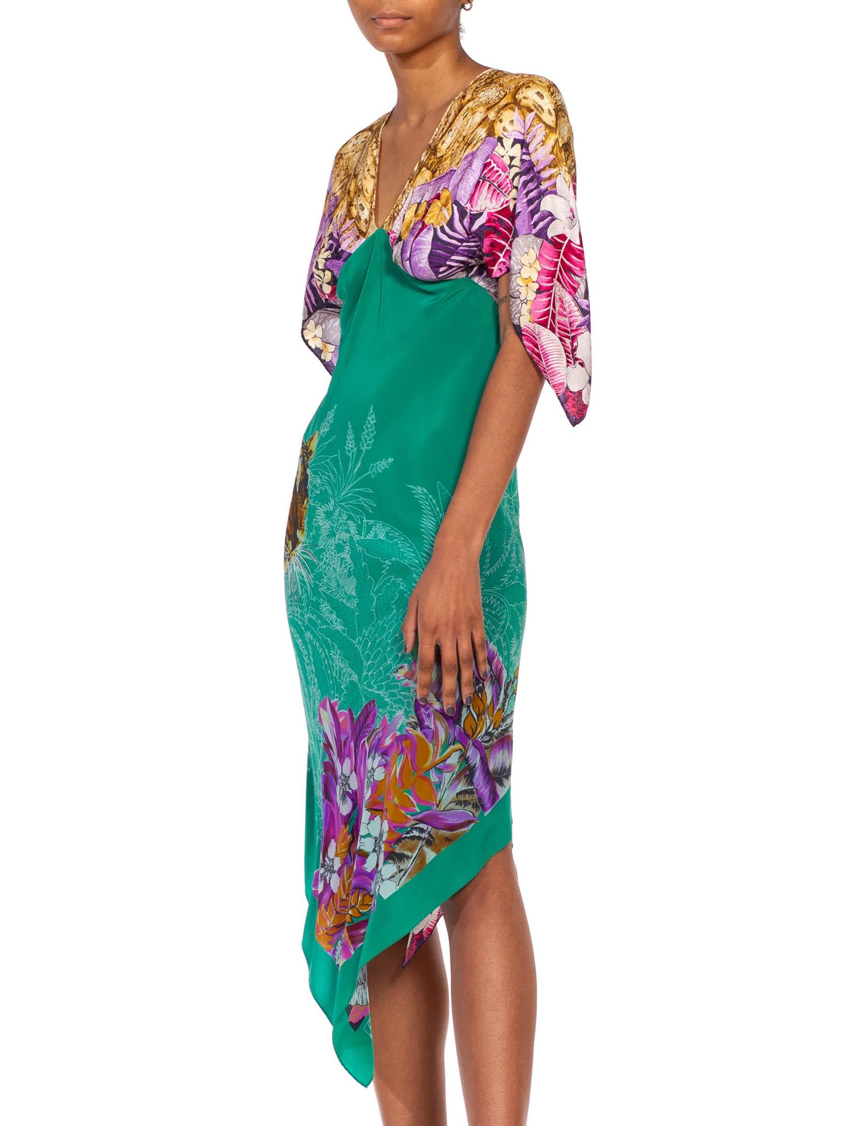 MORPHEW COLLECTION Teal & Purple Tropical Silk Two Scarf Dress 3