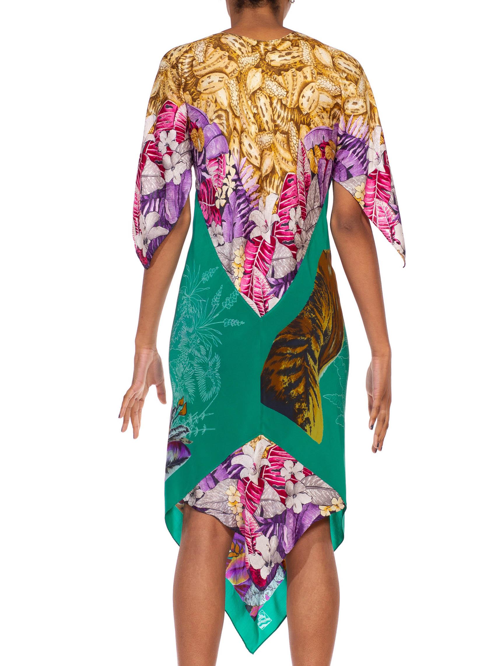 MORPHEW COLLECTION Teal & Purple Tropical Silk Two Scarf Dress 4