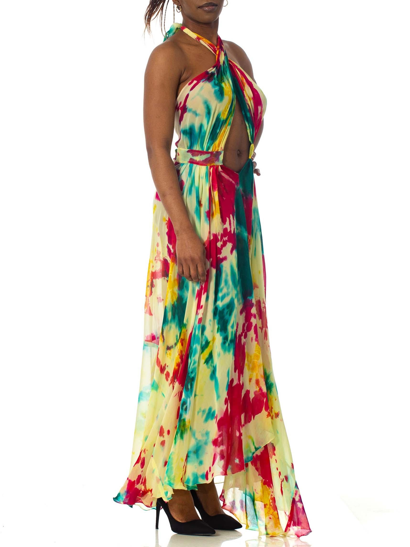 Beige MORPHEW COLLECTION Tie Dyed Silk Chiffon Backless Halter Maxi Dress For Sale