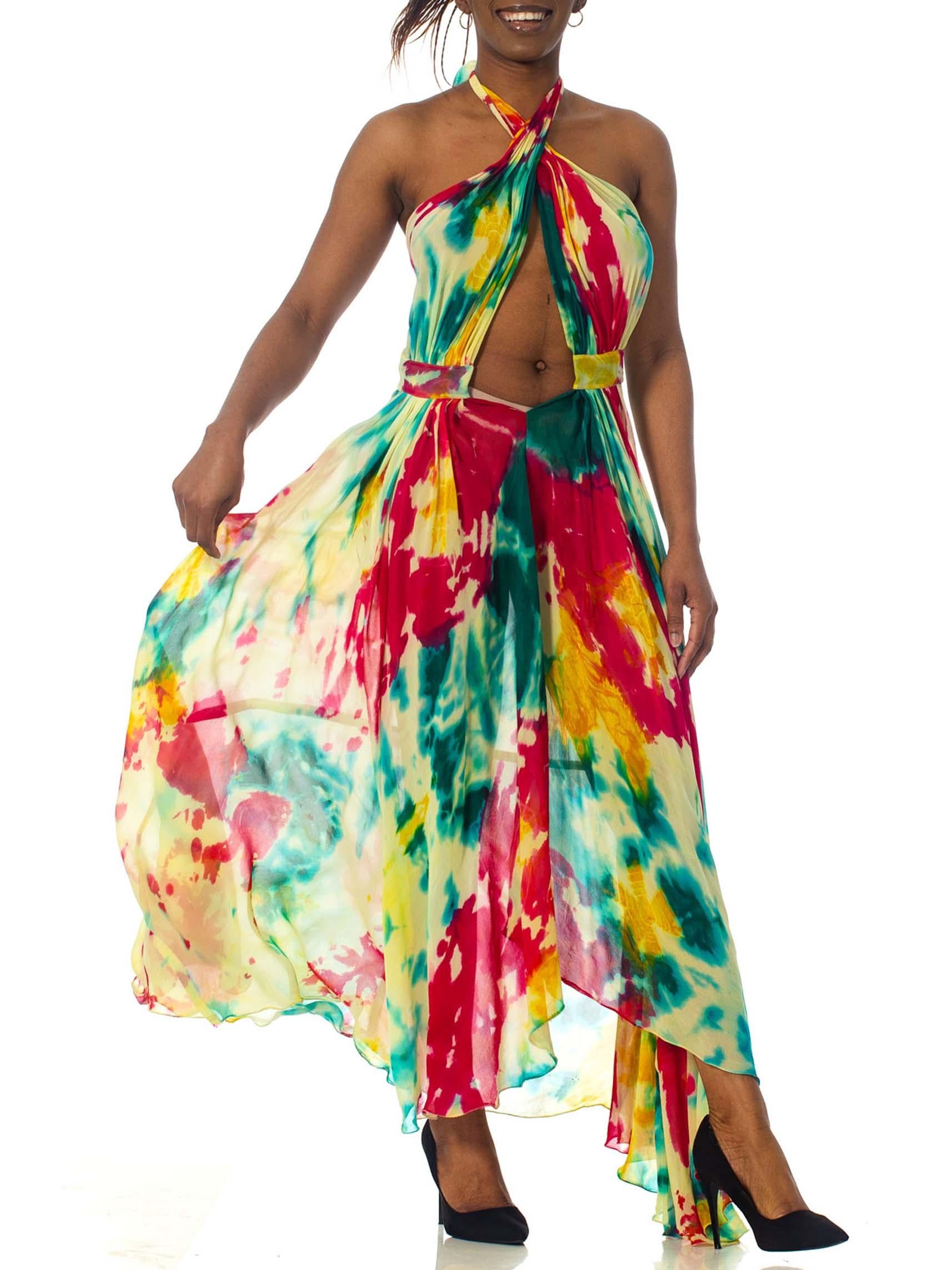 MORPHEW COLLECTION Tie Dyed Silk Chiffon Backless Halter Maxi Dress In Excellent Condition For Sale In New York, NY