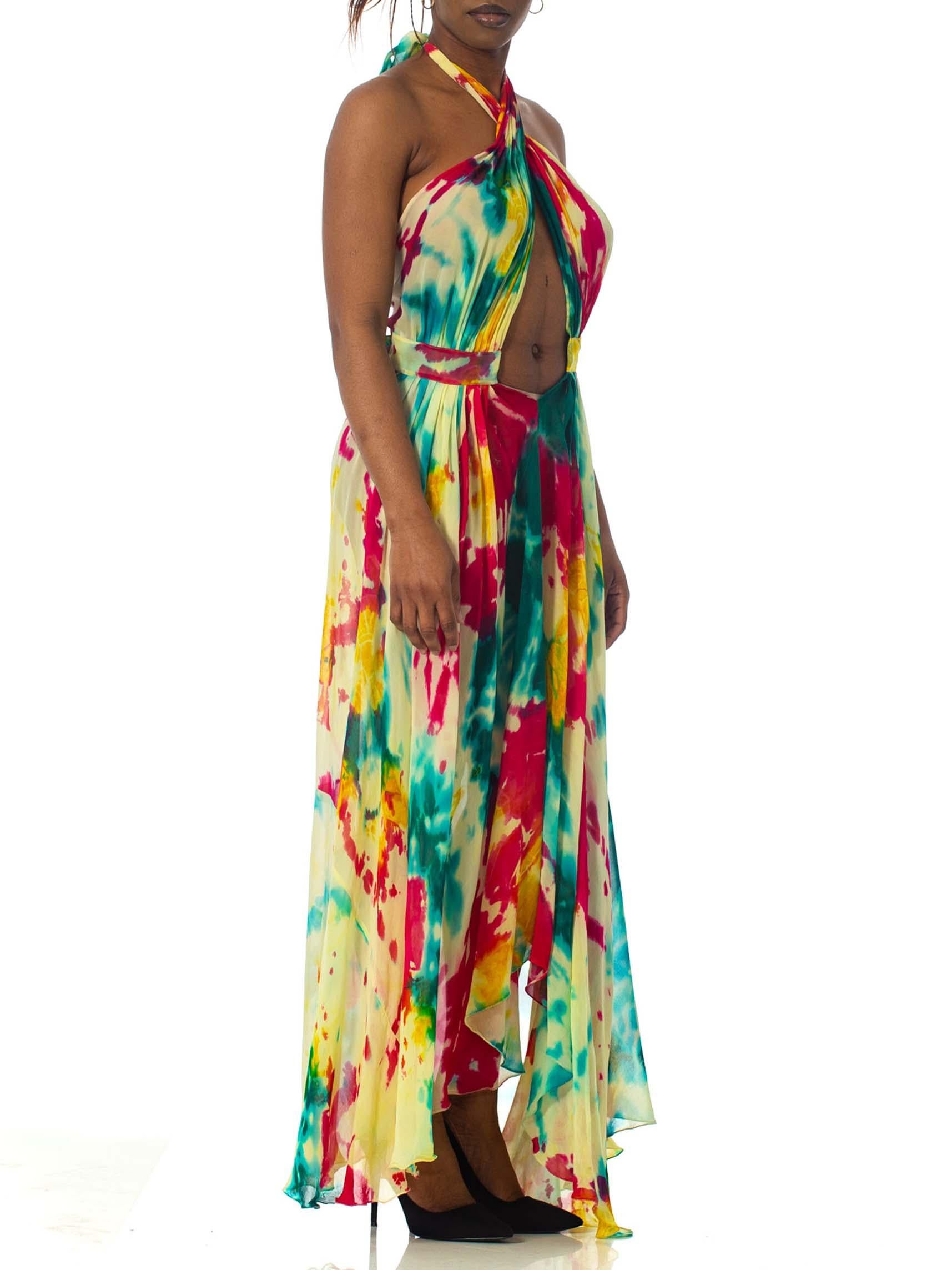 Women's MORPHEW COLLECTION Tie Dyed Silk Chiffon Backless Halter Maxi Dress For Sale