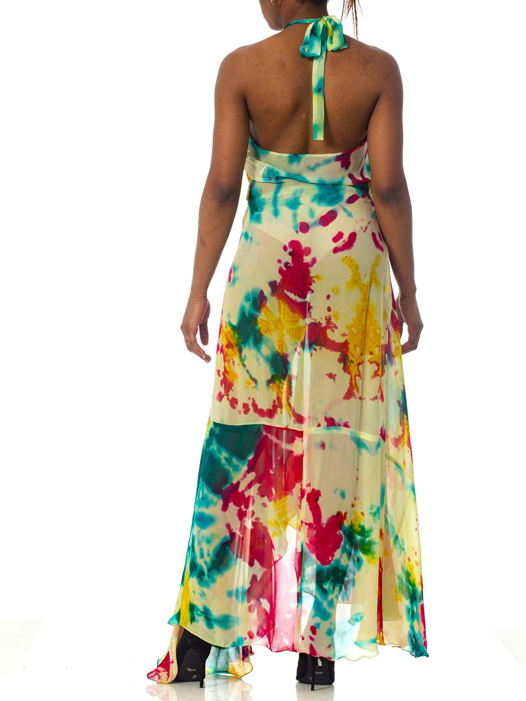 MORPHEW COLLECTION Tie Dyed Silk Chiffon Backless Halter Maxi Dress For Sale 1