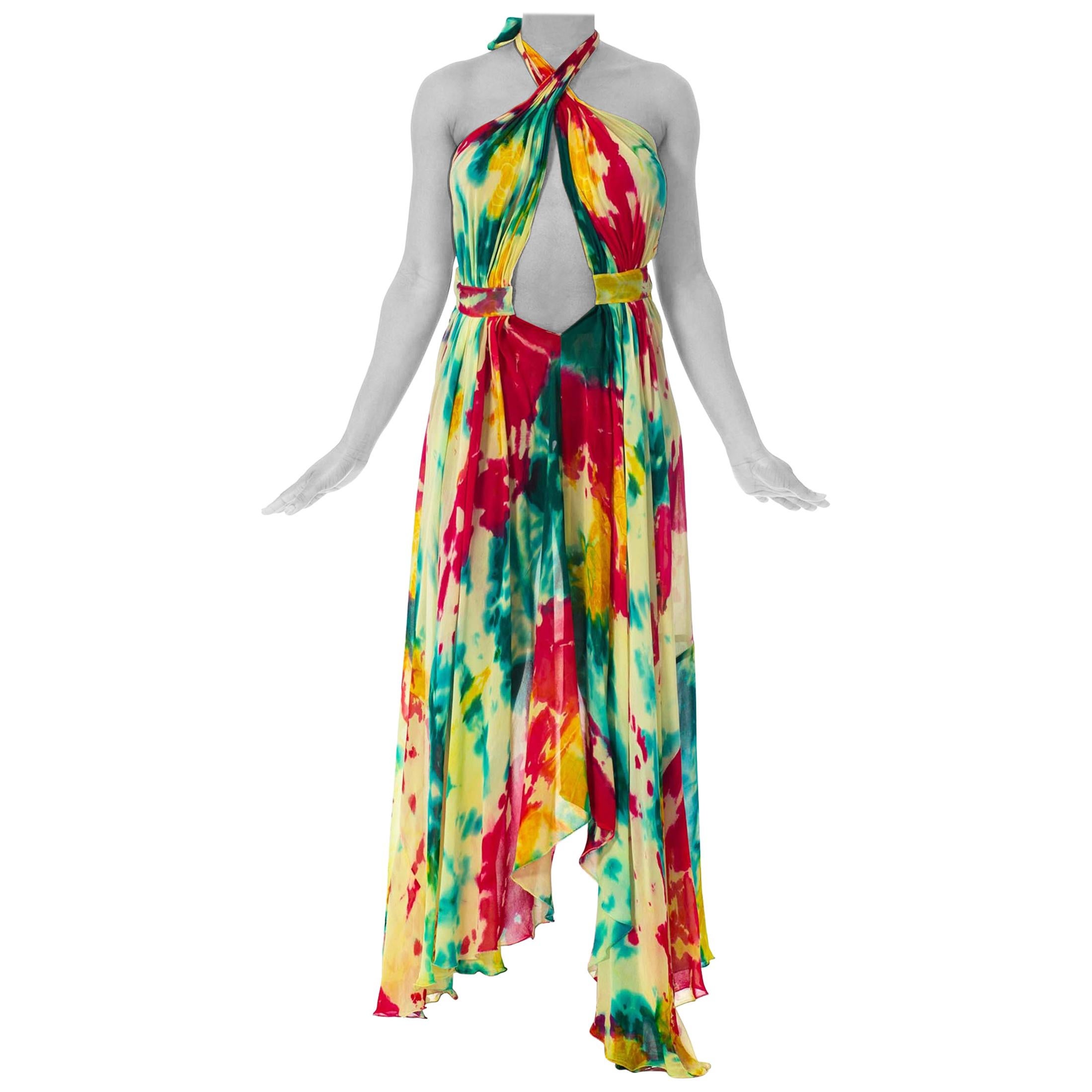 MORPHEW COLLECTION Tie Dyed Silk Chiffon Backless Halter Maxi Dress For Sale