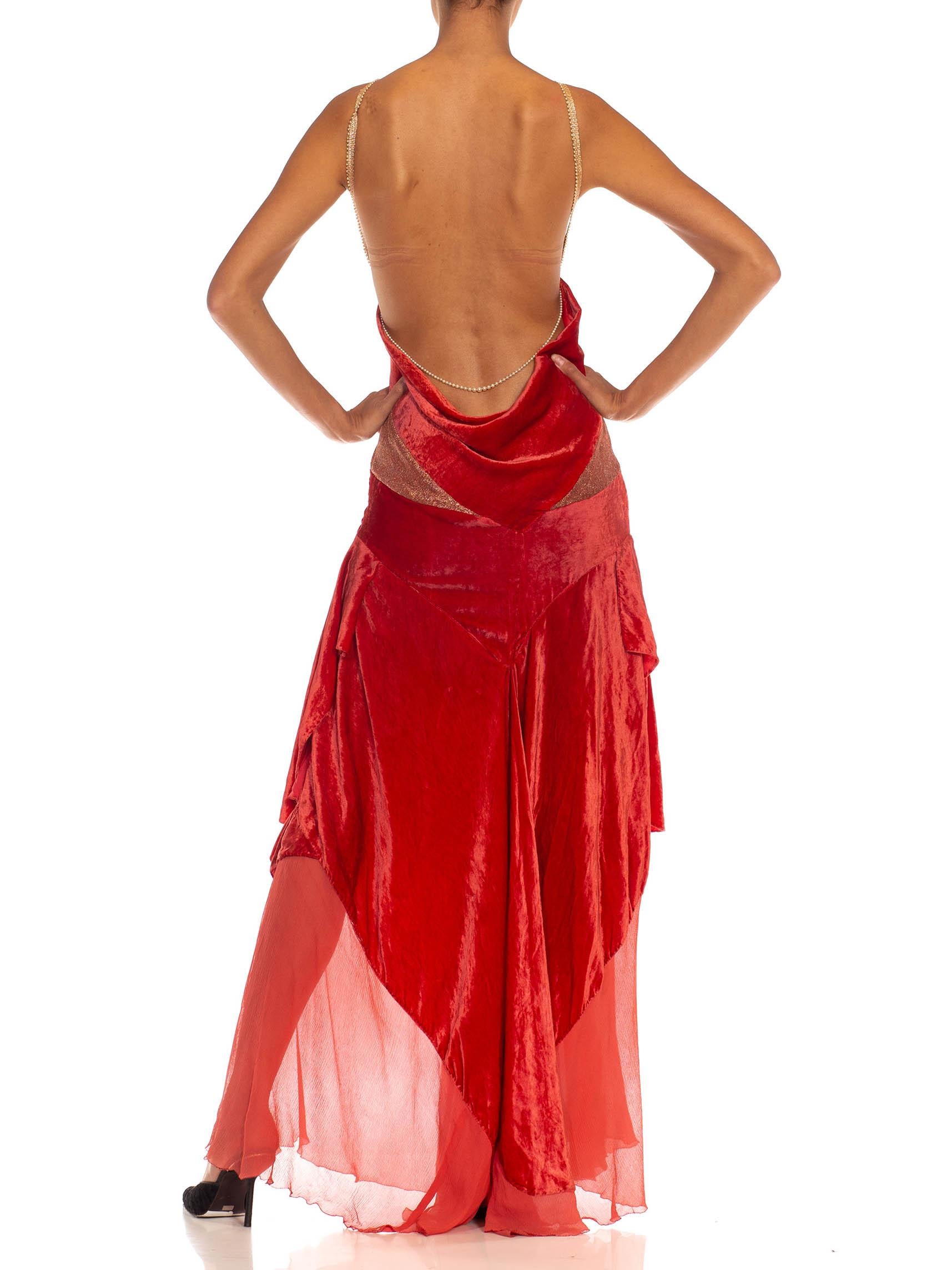 Women's MORPHEW COLLECTION Tomato Red & Gold Antique 1920'S Silk Velvet Backless Gown For Sale