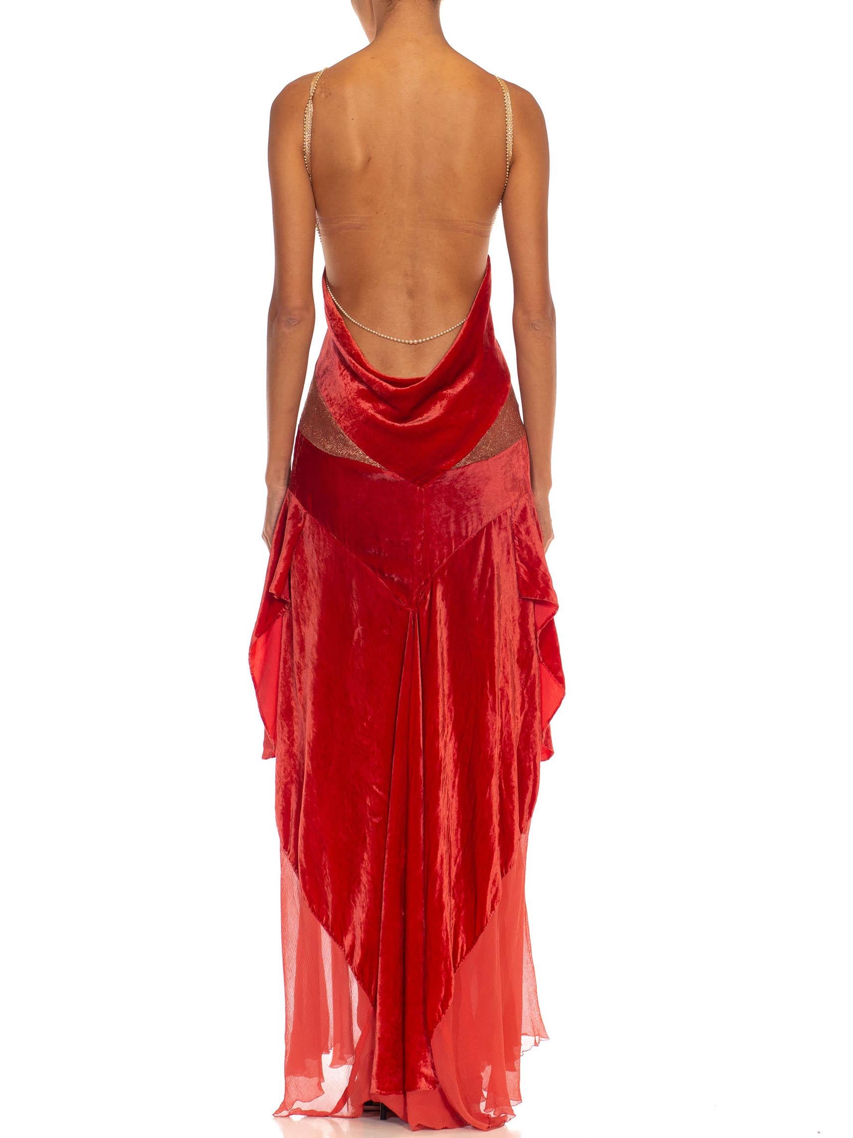 MORPHEW COLLECTION Tomato Red & Gold Antique 1920'S Silk Velvet Backless Gown For Sale 1