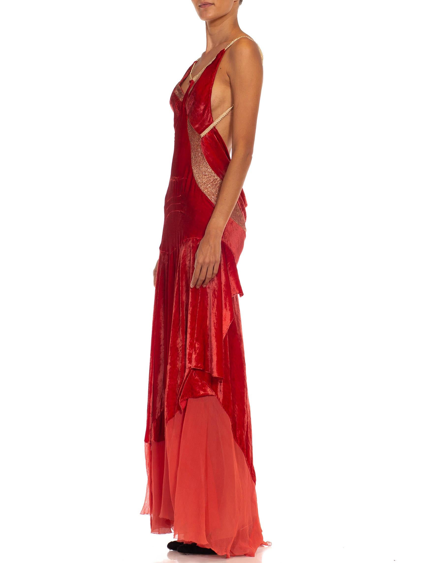 MORPHEW COLLECTION Tomato Red & Gold Antique 1920'S Silk Velvet Backless Gown For Sale 2