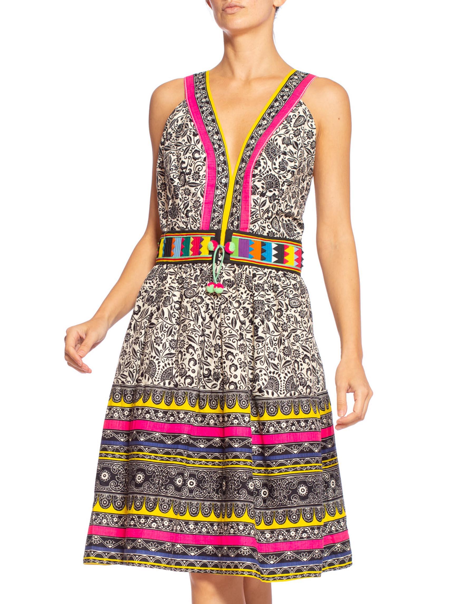 Women's MORPHEW COLLECTION Black & White 1960S Printed Cotton Dress With Colorful Handm