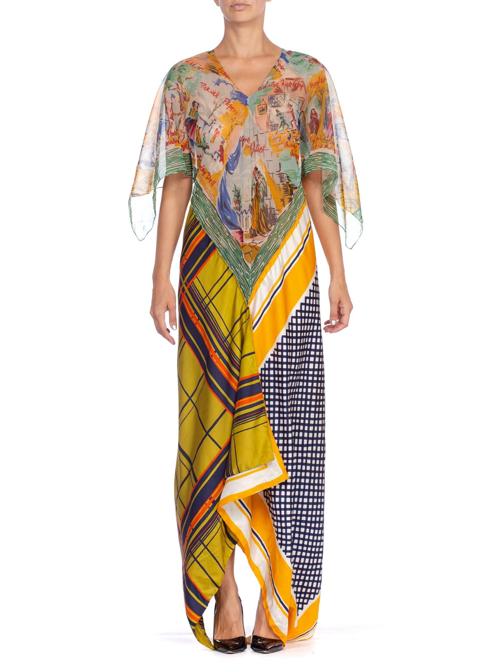 MORPHEW COLLECTION Yellow & Blue Scenic Geo Print Bias Cut Kaftan Dress Made From 1960’S Scarves
MORPHEW COLLECTION is made entirely by hand in our NYC Ateliér of rare antique materials sourced from around the globe. Our sustainable vintage