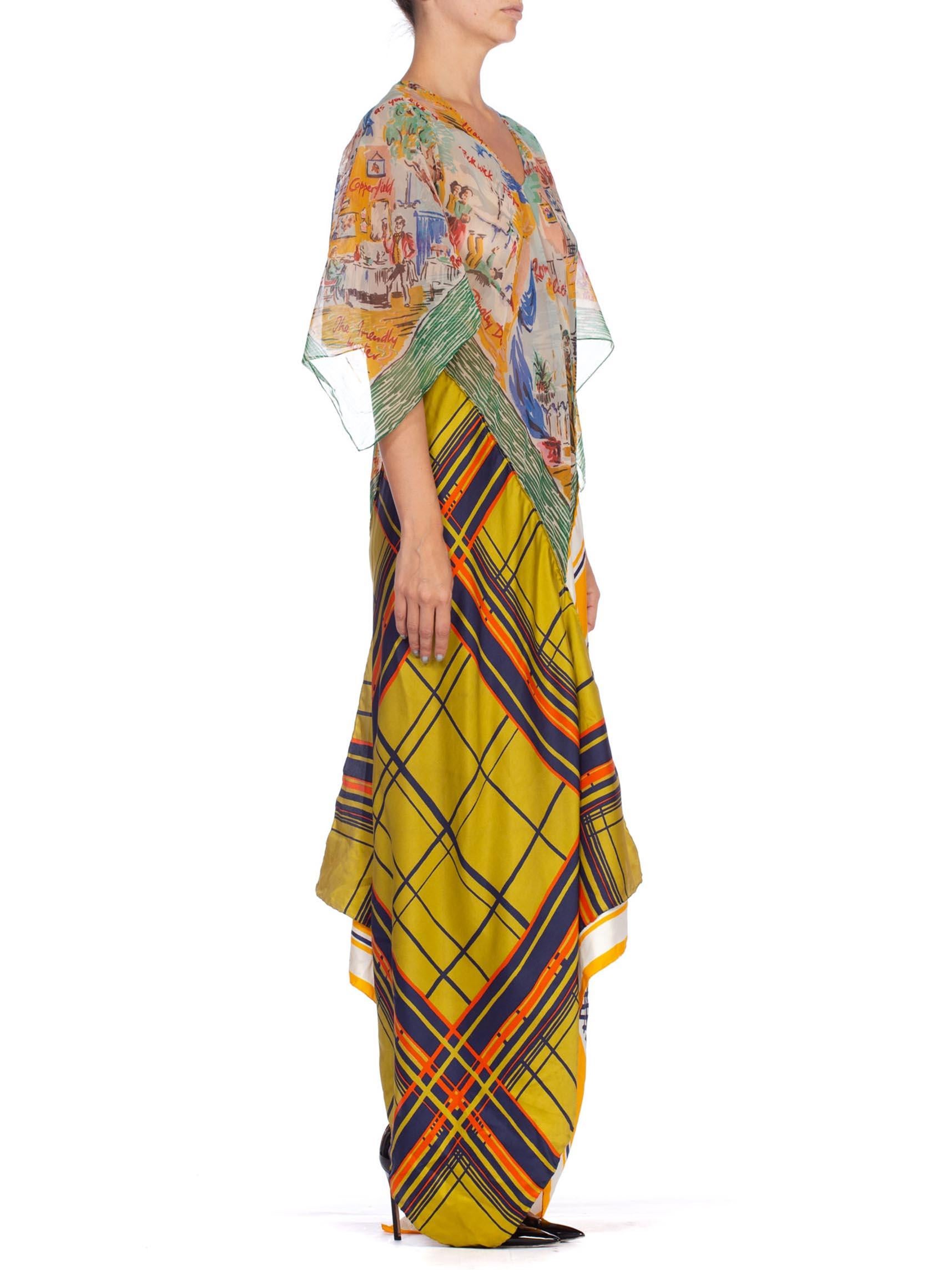 Brown MORPHEW COLLECTION Yellow & Blue Scenic Geo Print Bias Cut Kaftan Dress Made Fr