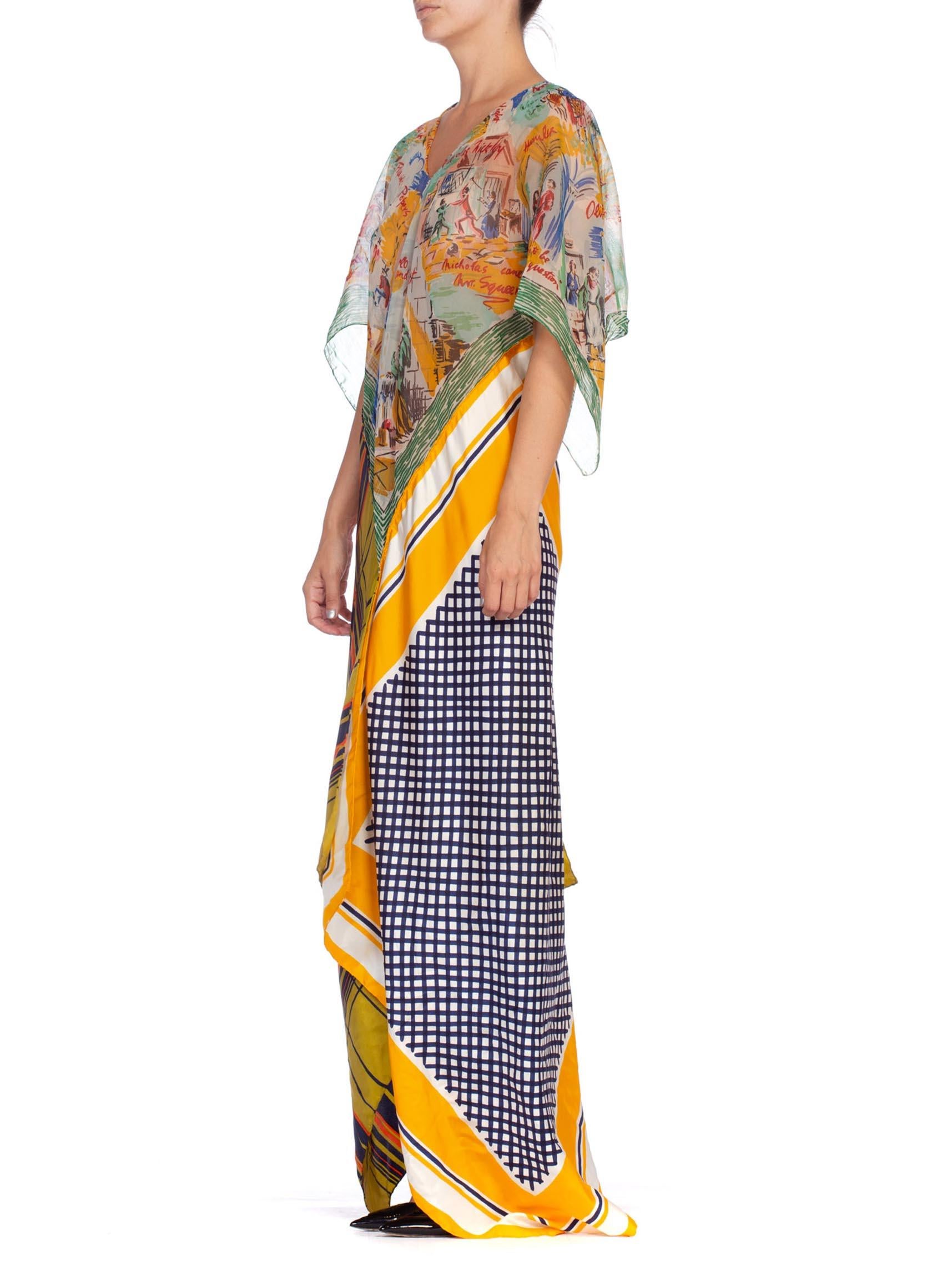 MORPHEW COLLECTION Yellow & Blue Scenic Geo Print Bias Cut Kaftan Dress Made Fr In Excellent Condition In New York, NY