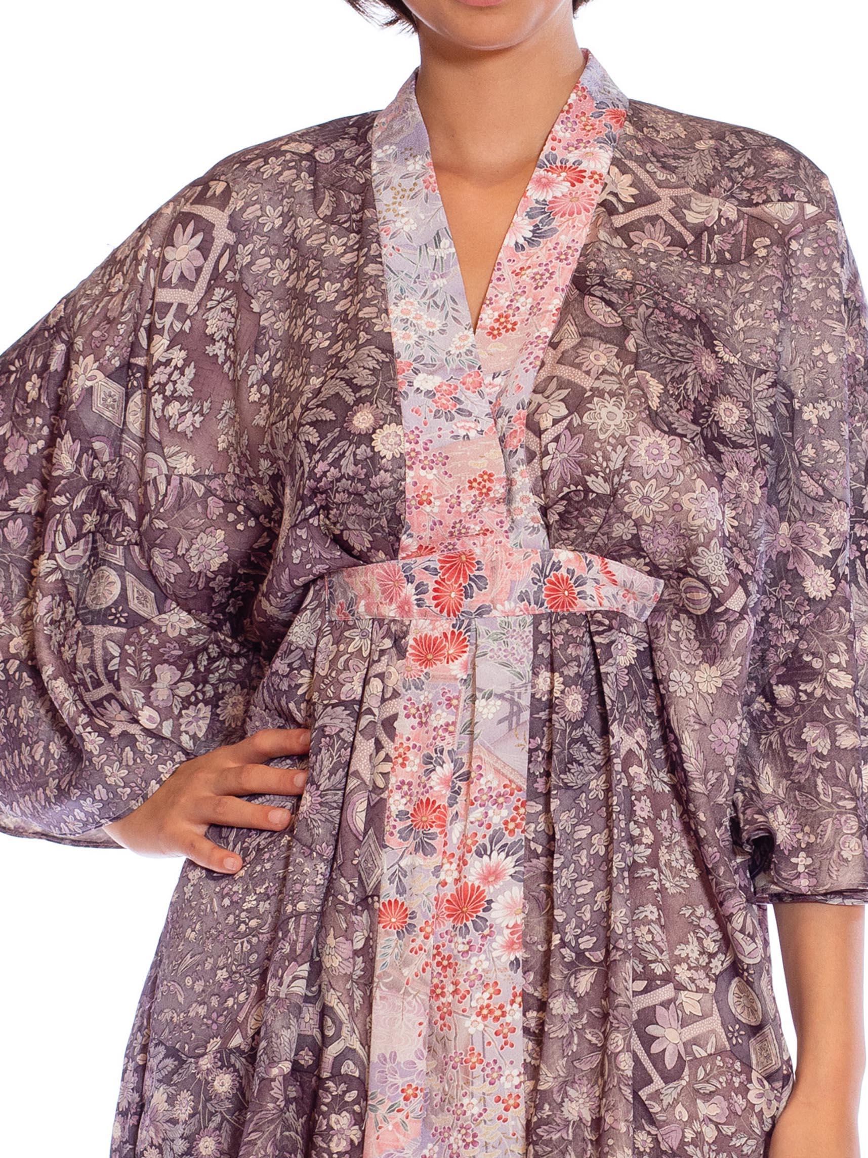 MORPHEW COLLECTION Violet Floral Print Japanese Kimono Silk Pink Detail Kaftan  For Sale 5
