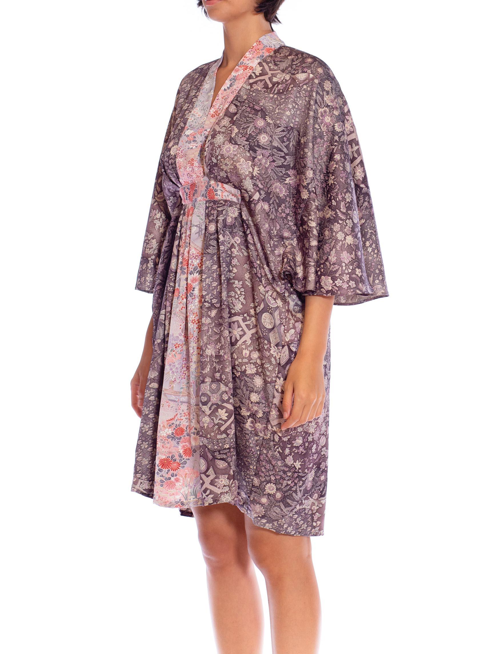 MORPHEW COLLECTION Violet Floral Print Japanese Kimono Silk Pink Detail Kaftan  In Excellent Condition For Sale In New York, NY