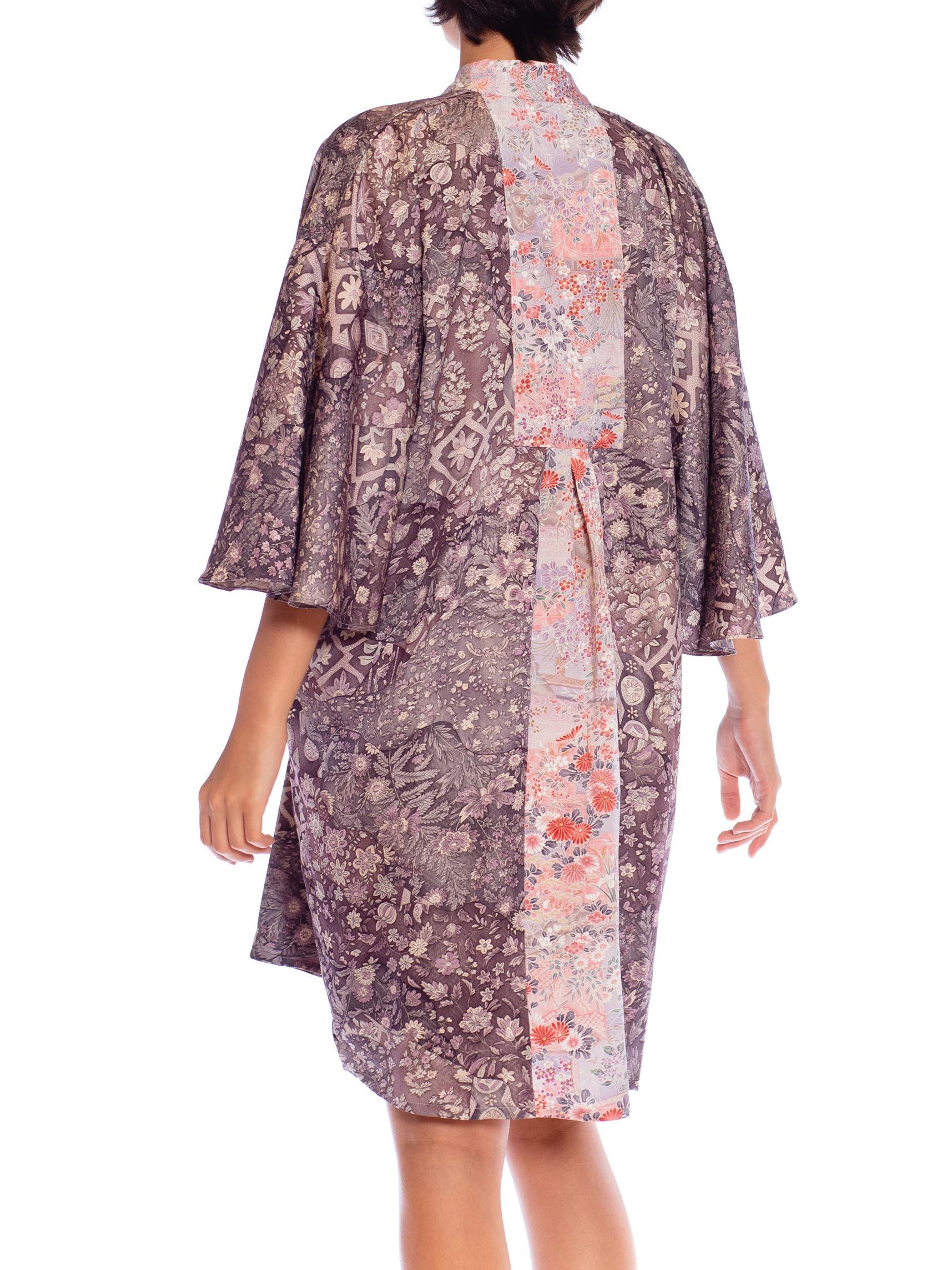Women's MORPHEW COLLECTION Violet Floral Print Japanese Kimono Silk Pink Detail Kaftan  For Sale