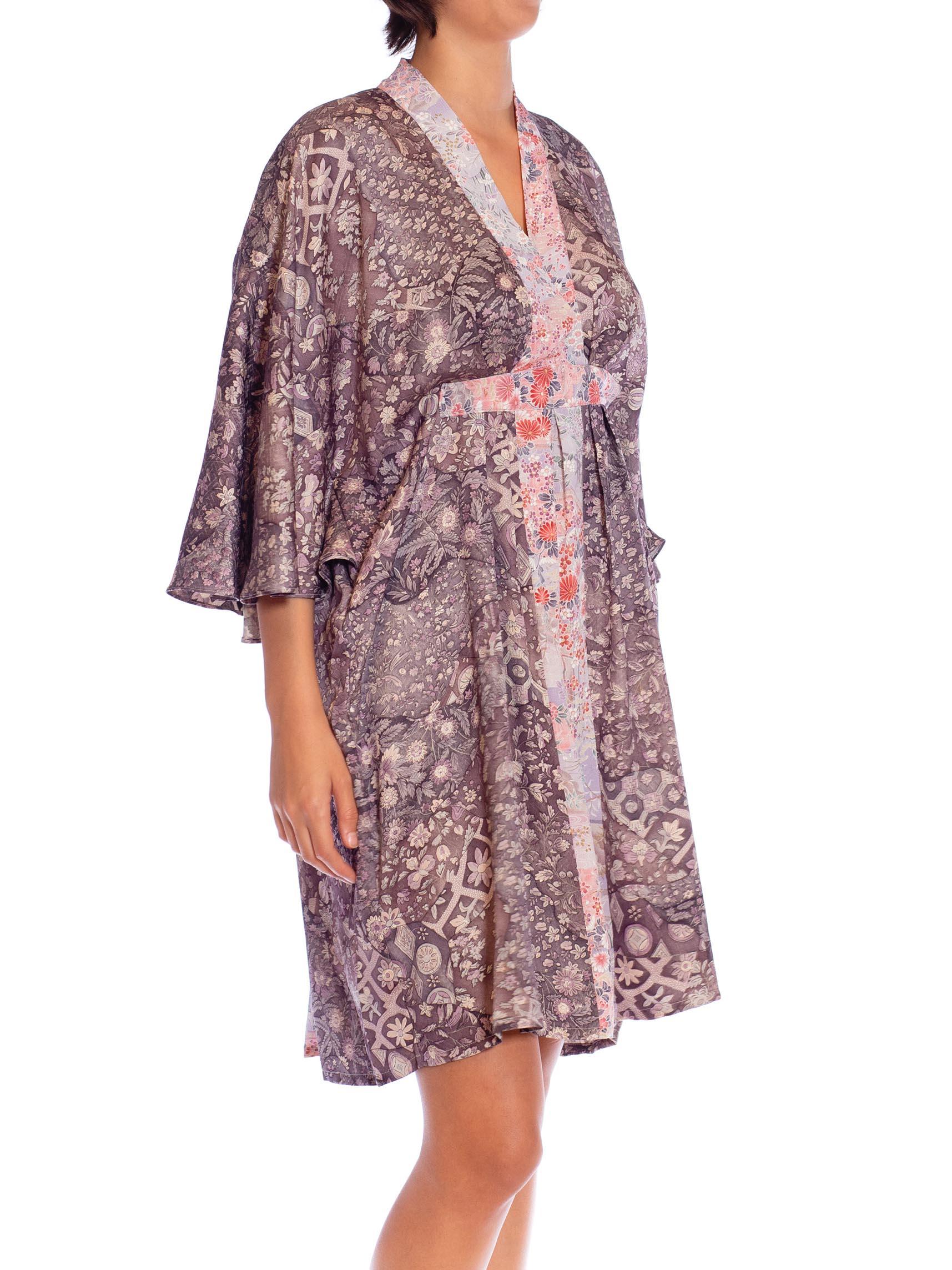 MORPHEW COLLECTION Violet Floral Print Japanese Kimono Silk Pink Detail Kaftan  For Sale 2