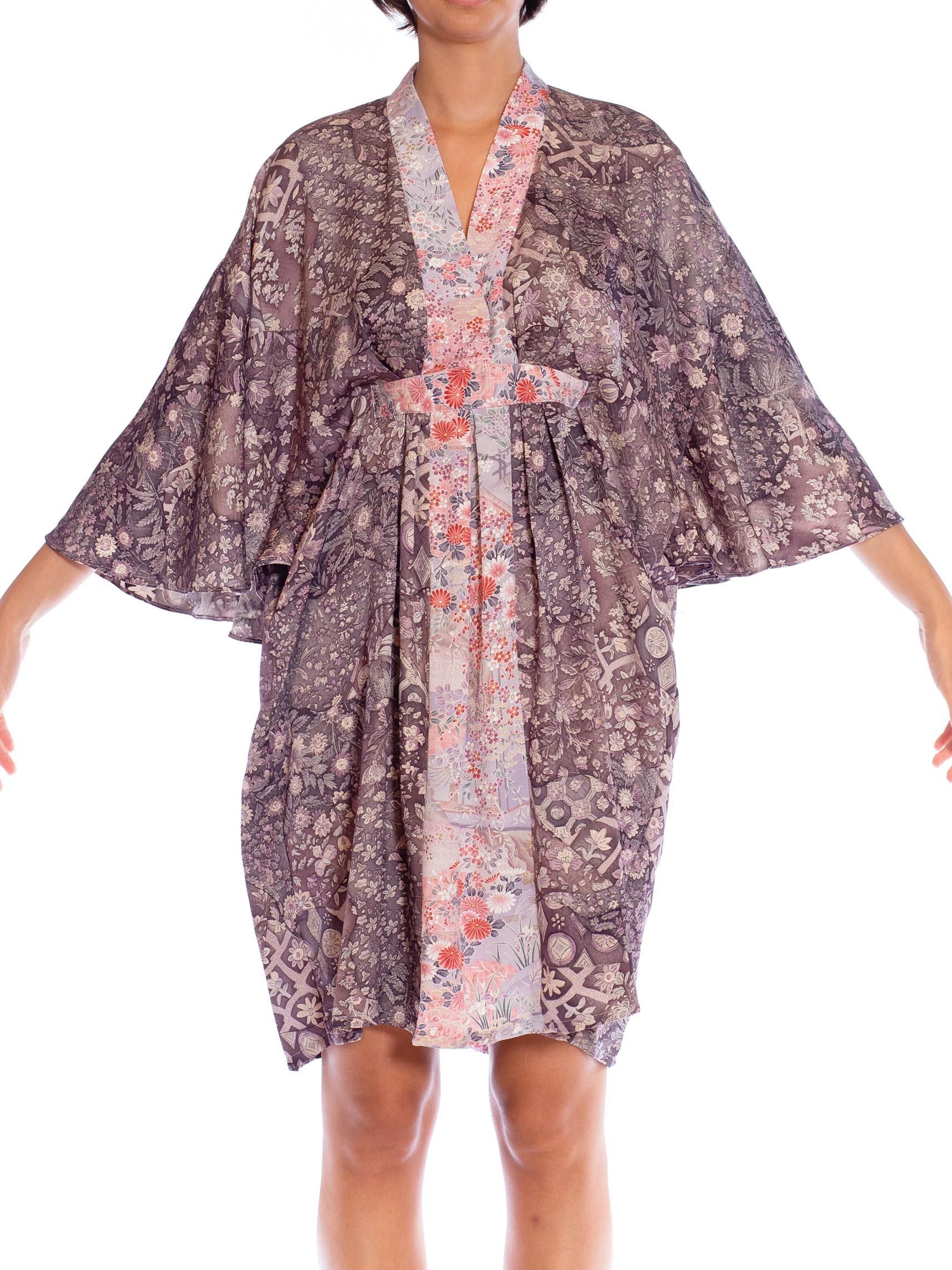 MORPHEW COLLECTION Violet Floral Print Japanese Kimono Silk Pink Detail Kaftan  For Sale 3