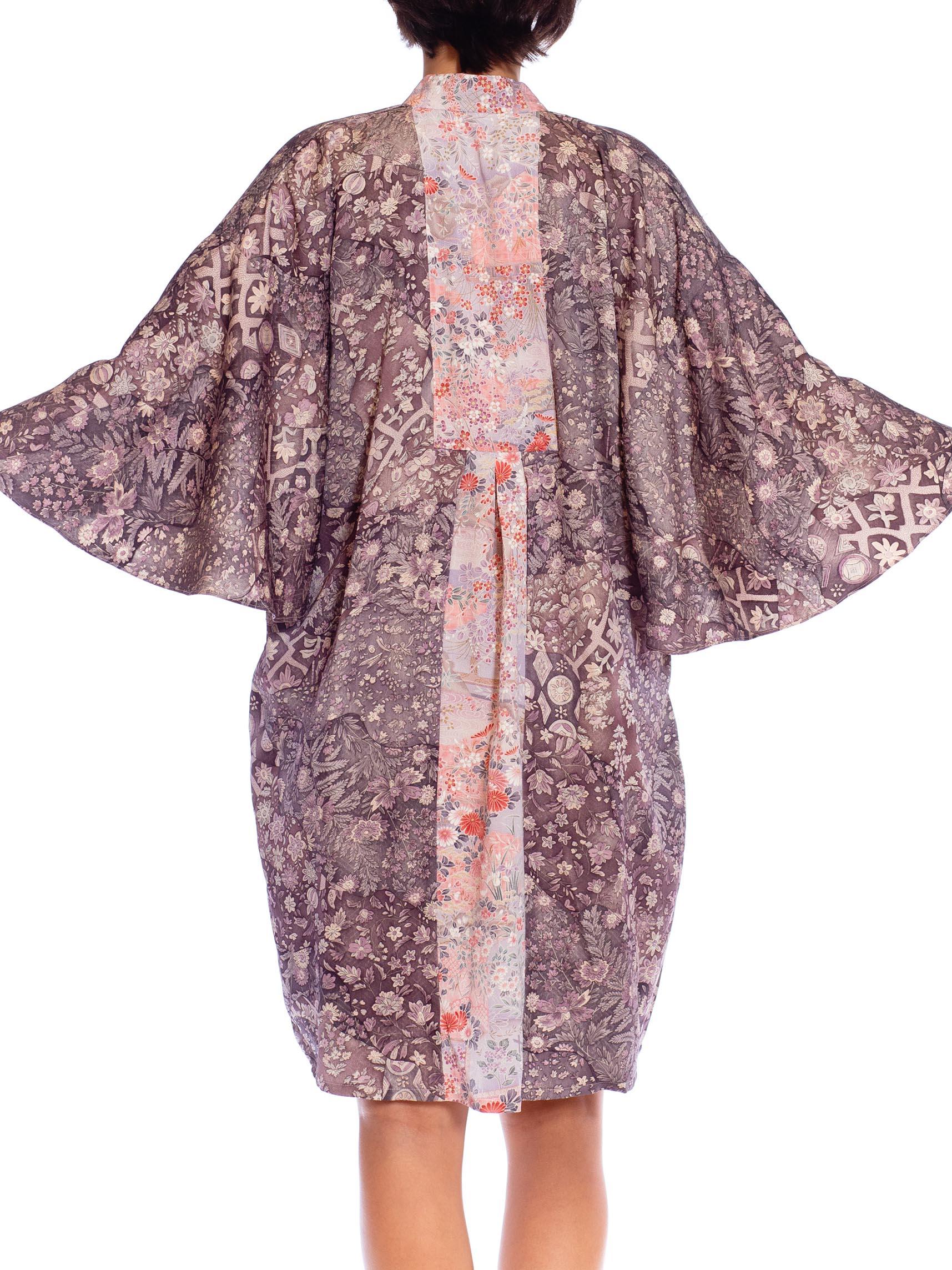 MORPHEW COLLECTION Violet Floral Print Japanese Kimono Silk Pink Detail Kaftan  For Sale 4
