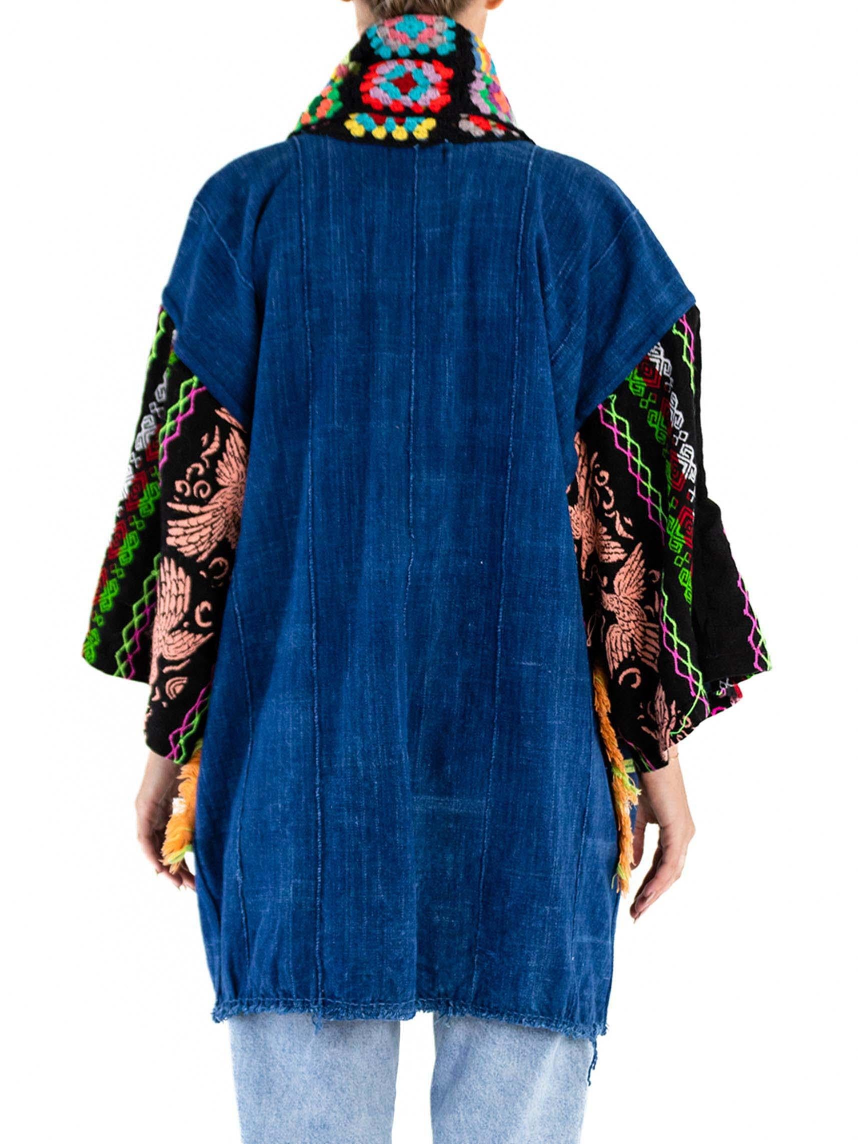 Morphew Collection West African Indigo Cotton Multi Color Crochet Trim Duster For Sale 6