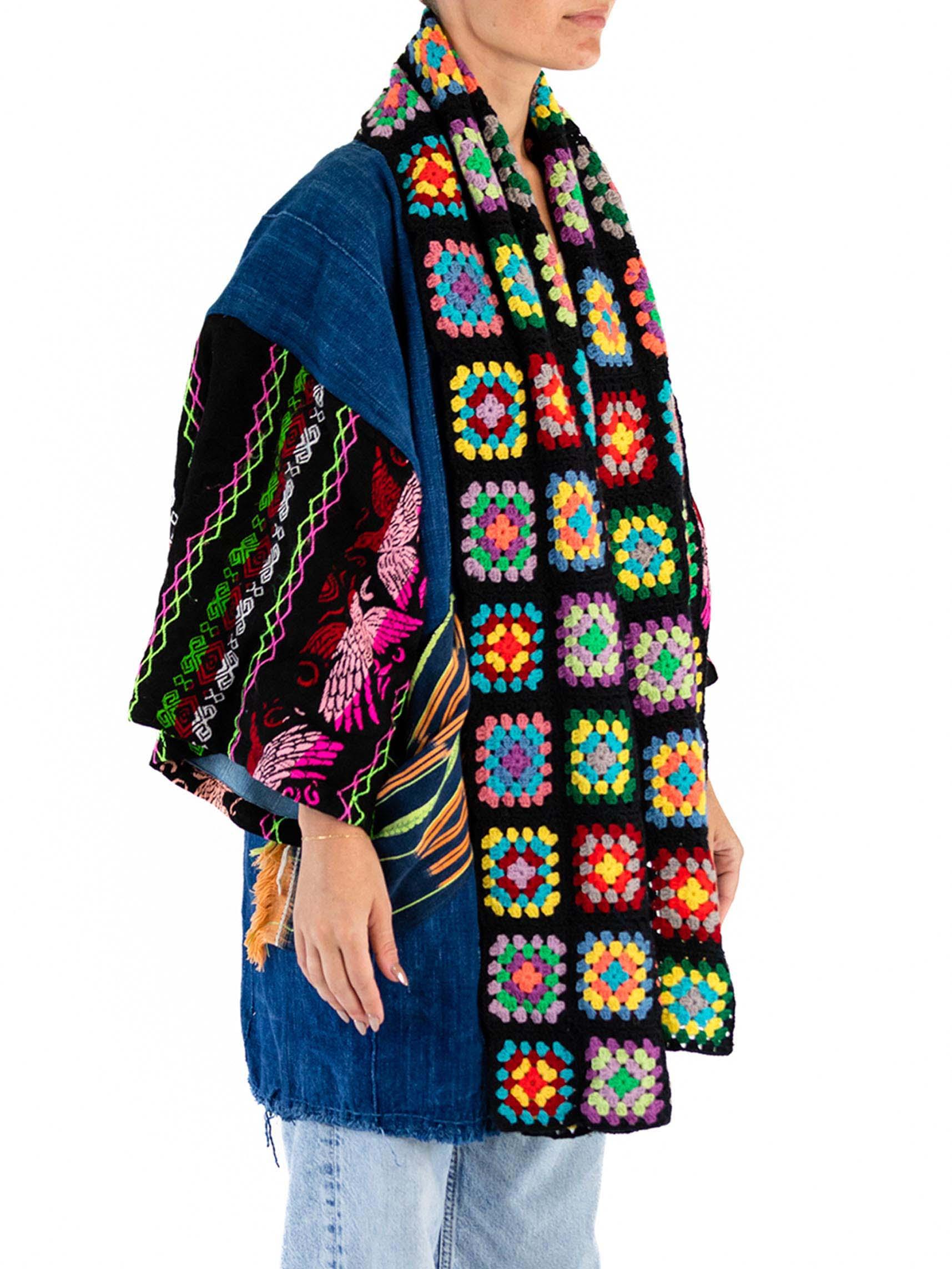 Women's or Men's Morphew Collection West African Indigo Cotton Multi Color Crochet Trim Duster For Sale