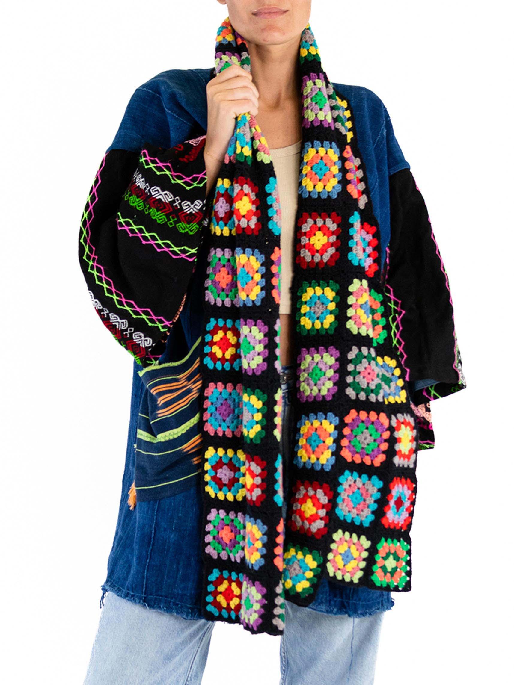 Morphew Collection West African Indigo Cotton Multi Color Crochet Trim Duster For Sale 1