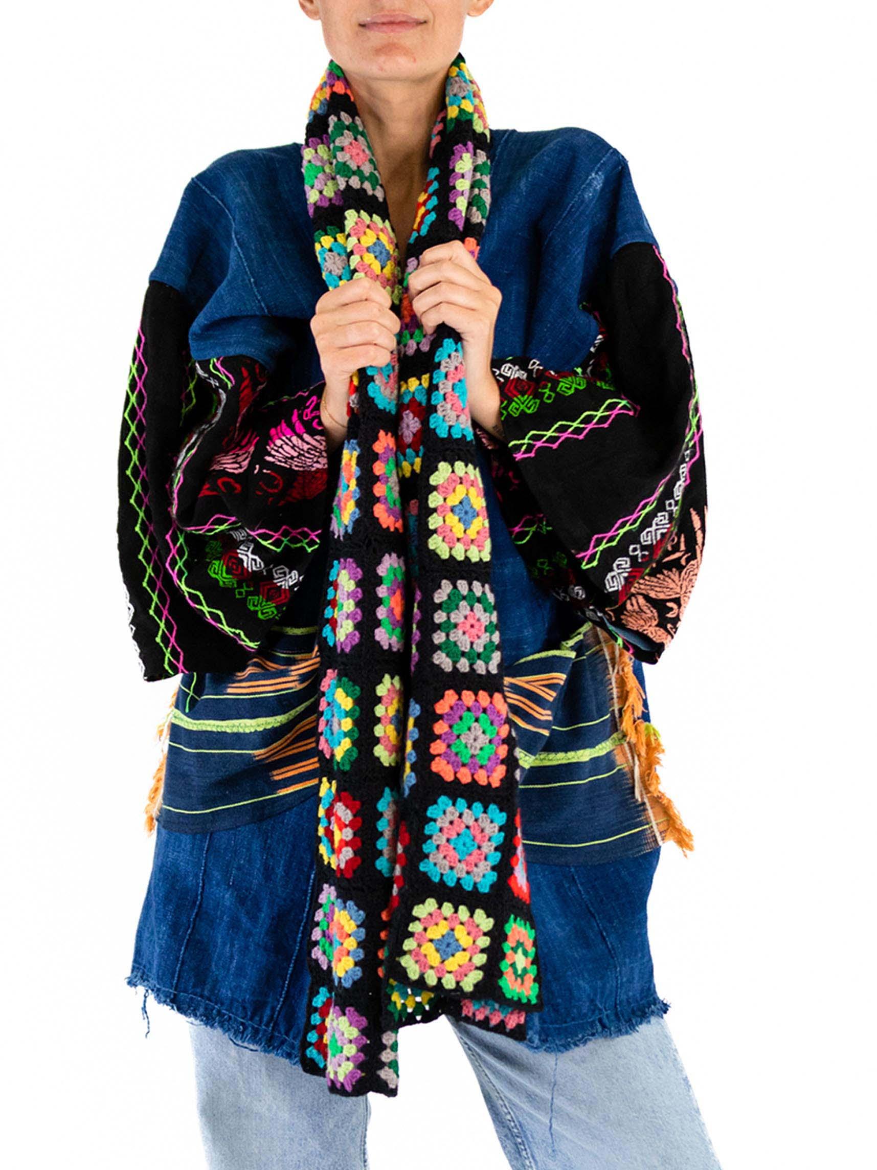 Morphew Collection West African Indigo Cotton Multi Color Crochet Trim Duster For Sale 2
