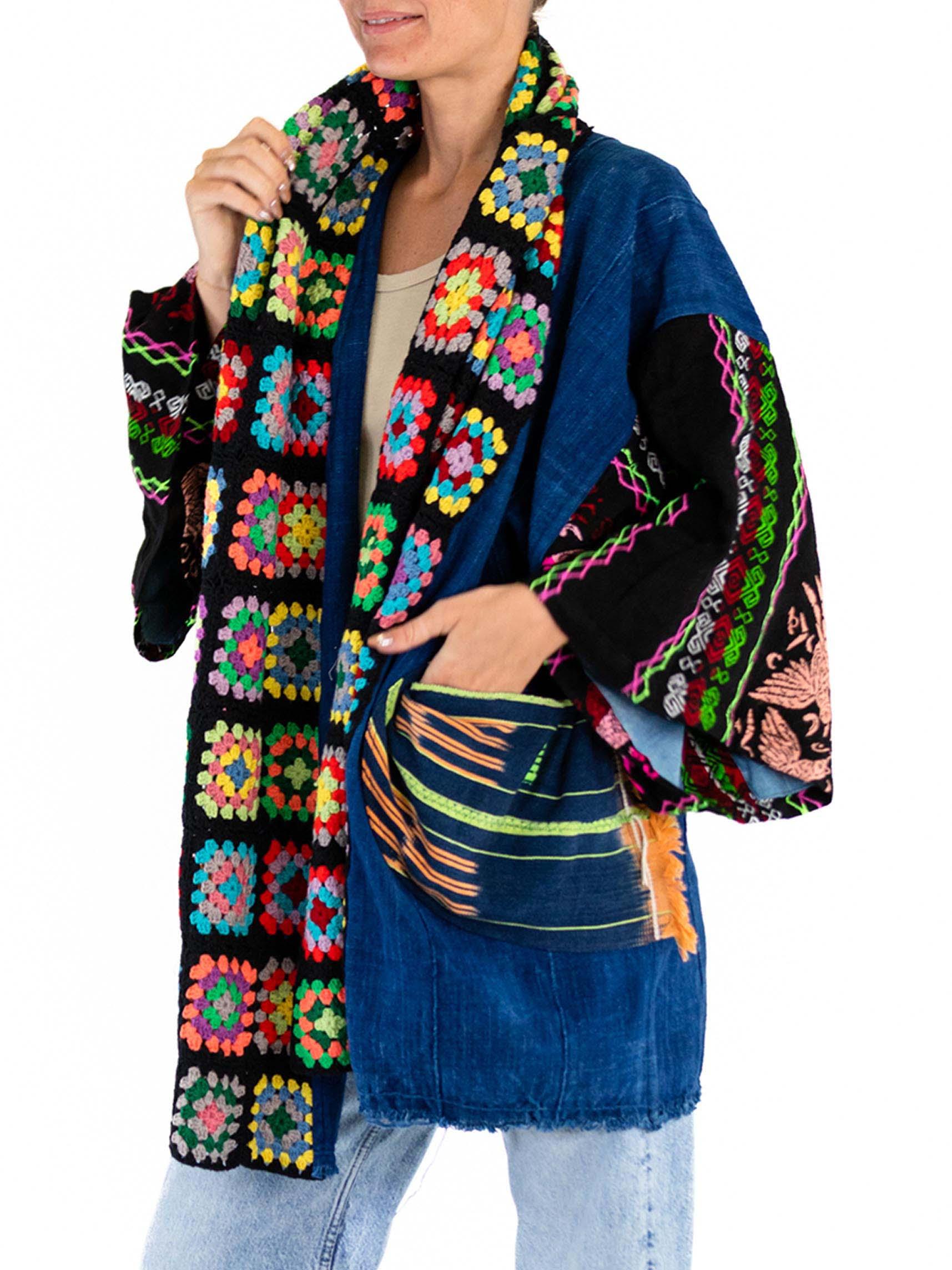 Morphew Collection West African Indigo Cotton Multi Color Crochet Trim Duster For Sale 3
