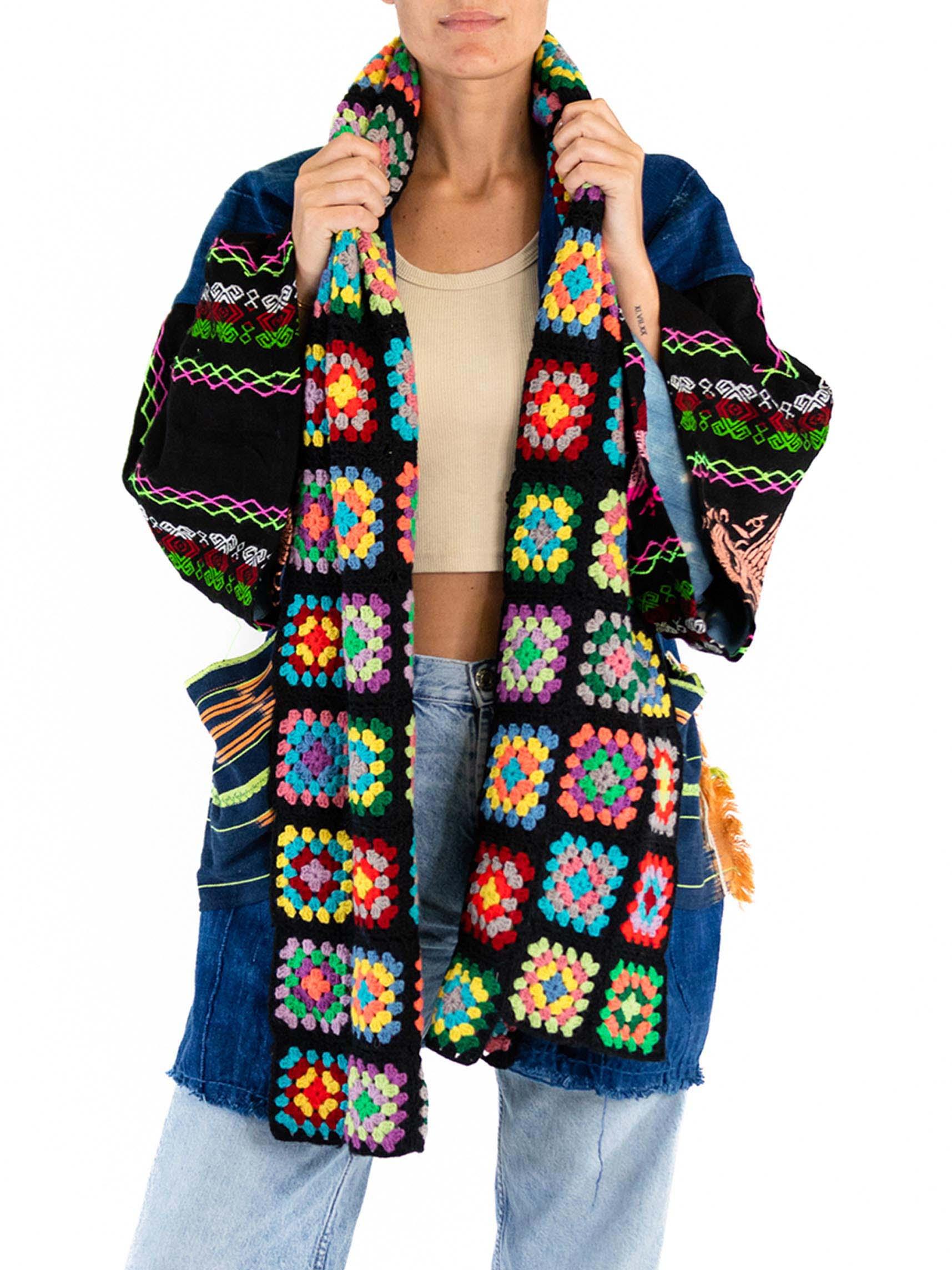 Morphew Collection West African Indigo Cotton Multi Color Crochet Trim Duster For Sale 4