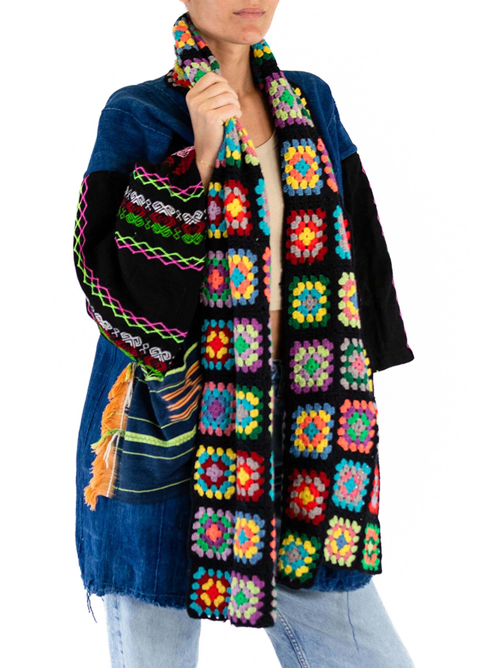 Morphew Collection West African Indigo Cotton Multi Color Crochet Trim Duster For Sale 5