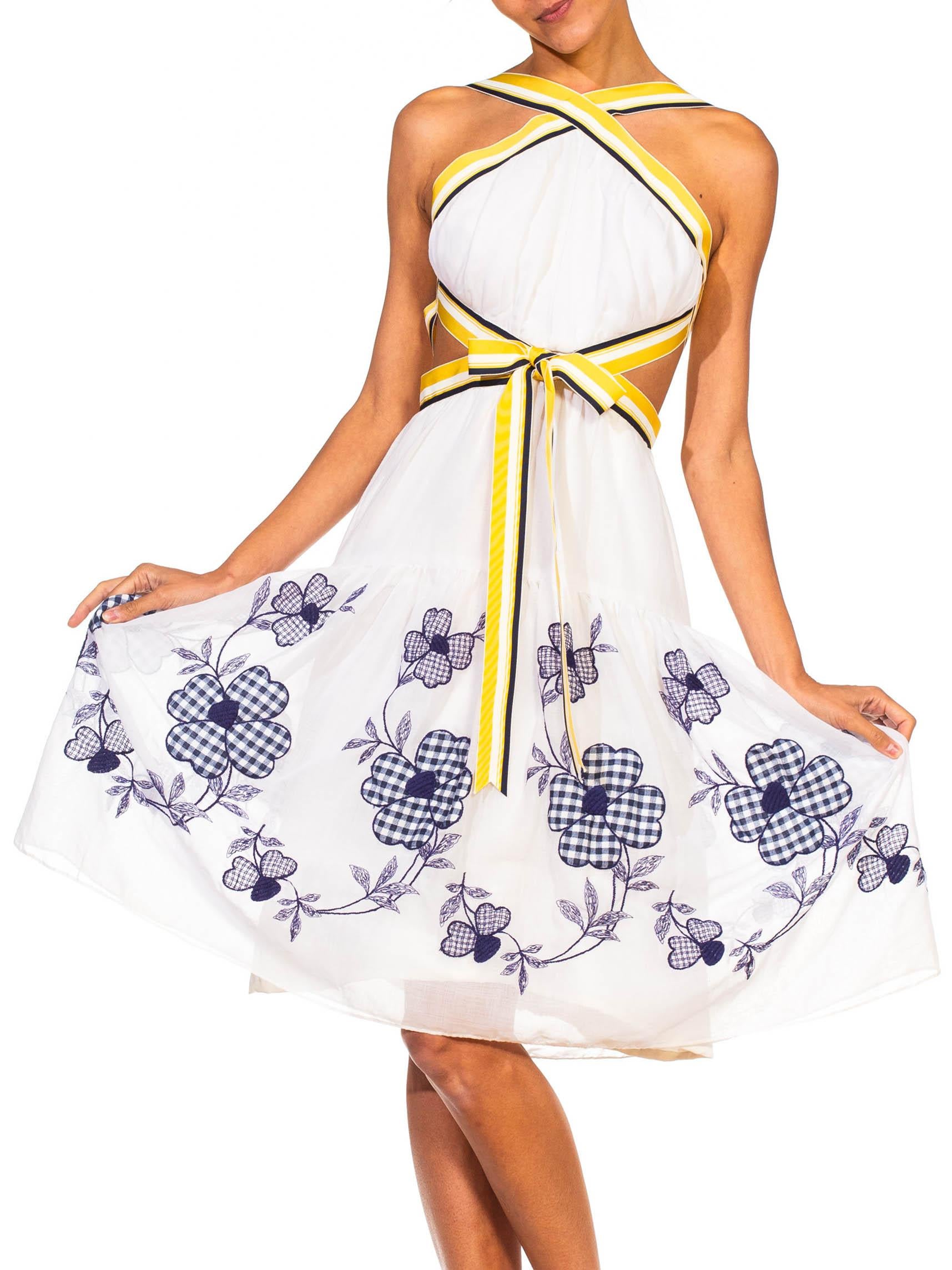 MORPHEW COLLECTION White Blue Floral Embroidered Cotton Lawn Backless Dress Wit 2