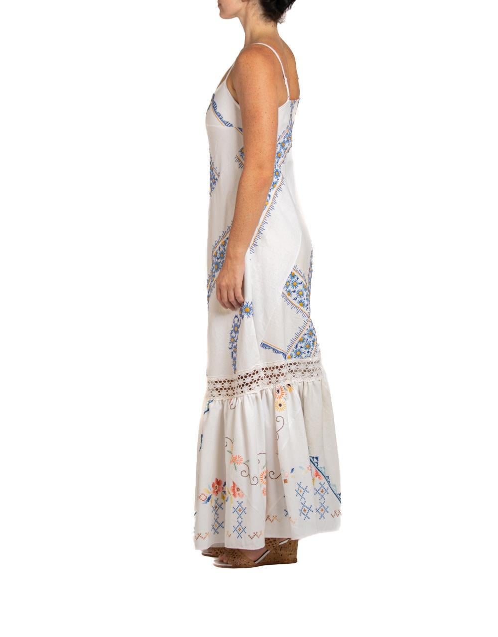 Women's MORPHEW COLLECTION White & Blue Hand Embroidered Fabric From France Dress For Sale