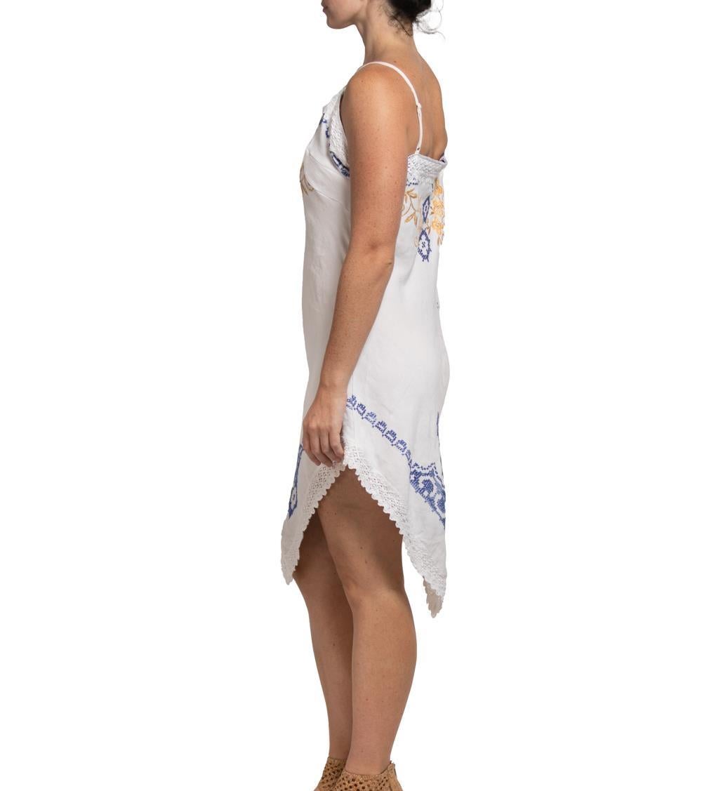 Fits Most Sizes M/L MORPHEW COLLECTION White & Blue Linen Vintage Hand Embroidered From France Dress 
MORPHEW COLLECTION is made entirely by hand in our NYC Ateliér of rare antique materials sourced from around the globe. Our sustainable vintage