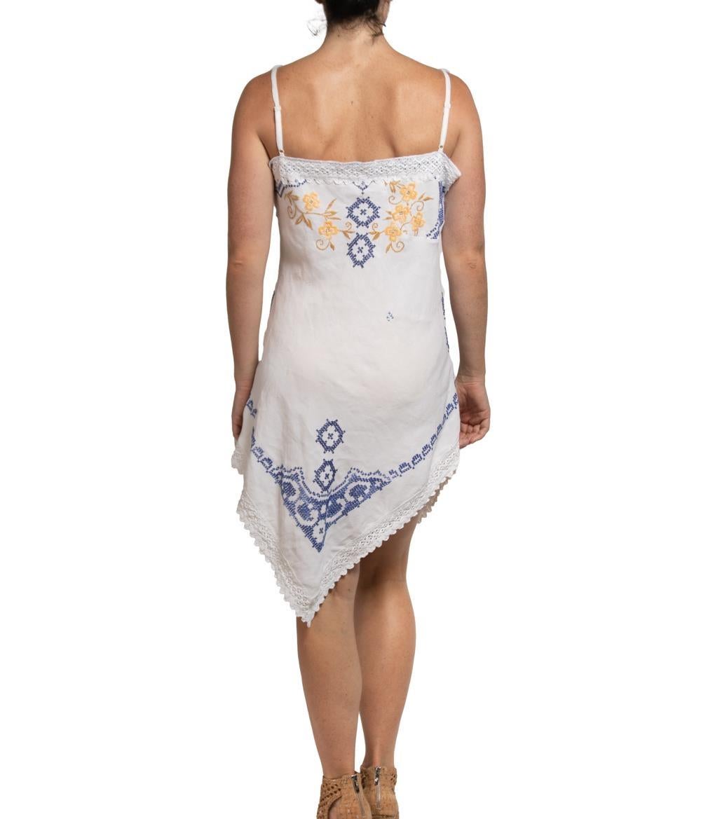 MORPHEW COLLECTION White & Blue Linen Vintage Hand Embroidered From France Dress For Sale 1