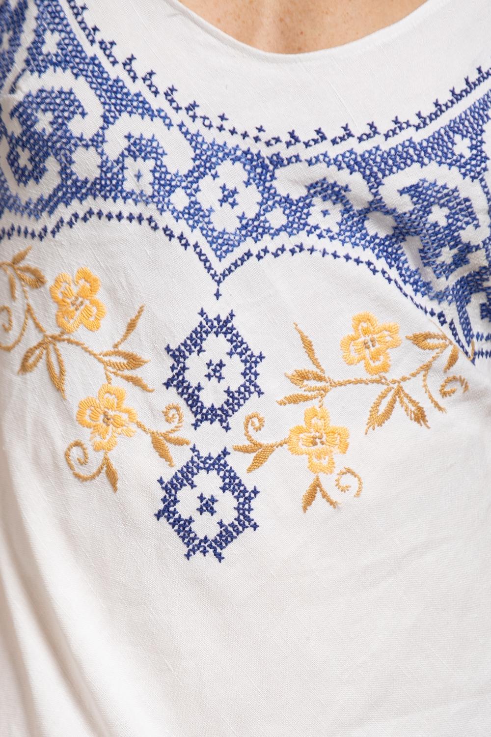 MORPHEW COLLECTION White & Blue Linen Vintage Hand Embroidered From France Dress For Sale 2