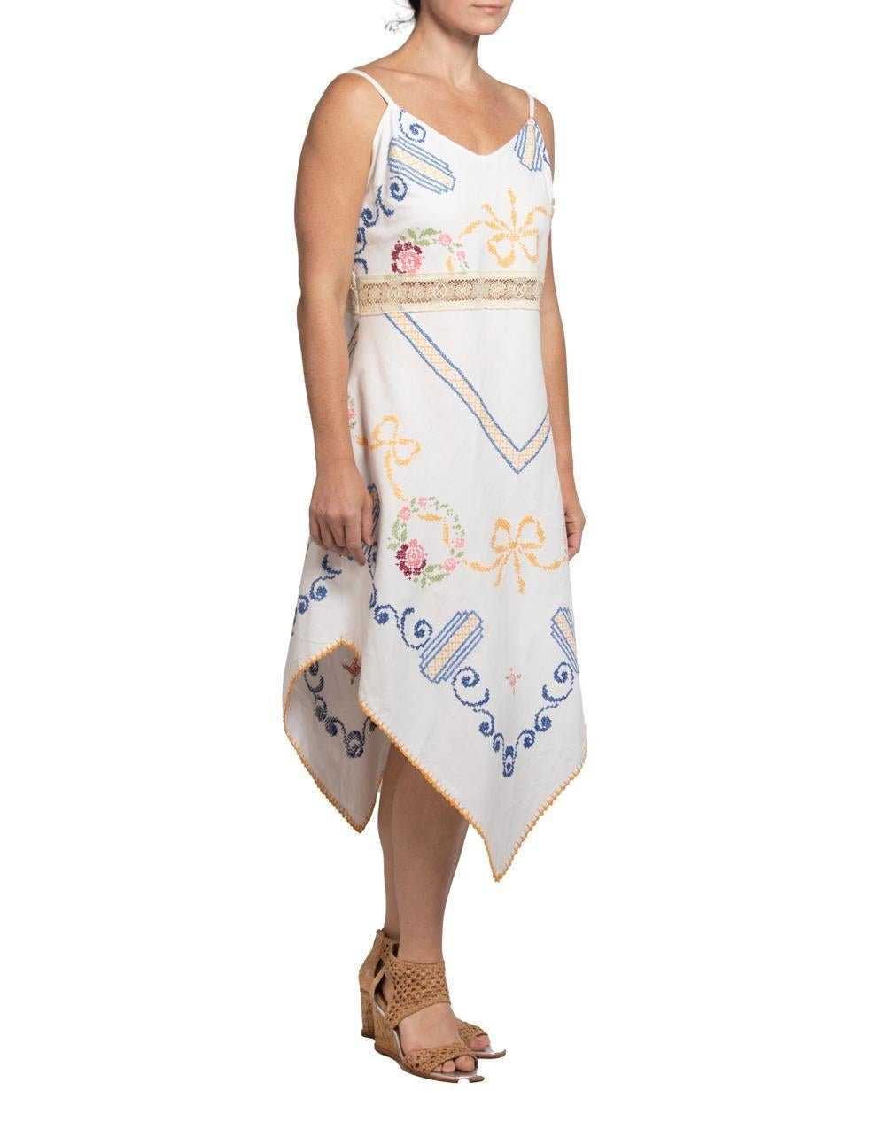 MORPHEW COLLECTION White & Blue Linen Vintage Hand Embroidered From France Dress For Sale 3