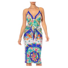 MORPHEW COLLECTION White & Blue Multicolored Silk Floral Butterfly Scarf Dress
