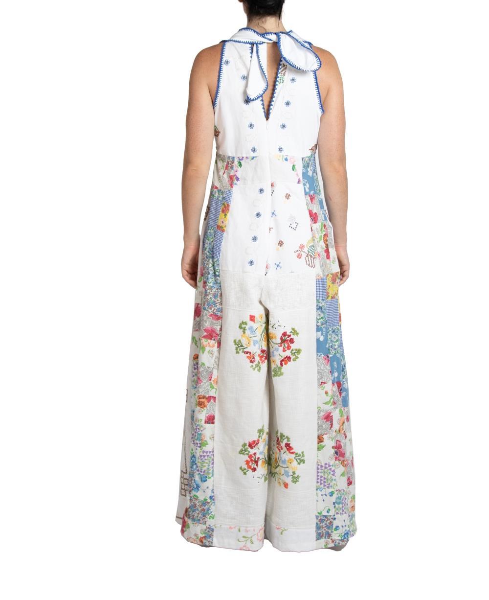 Women's Morphew Collection White & Blue Organic Cotton Hand Embroidered Jumpsuit For Sale