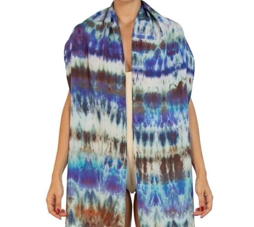 MORPHEW COLLECTION White, Blue & Purple Silk Ice Dyed Scarf In Excellent Condition For Sale In New York, NY