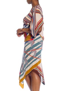 MORPHEW COLLECTION White, Blue & Red Silk Mdm Grès Parrot Print 2-Scarf Dress M