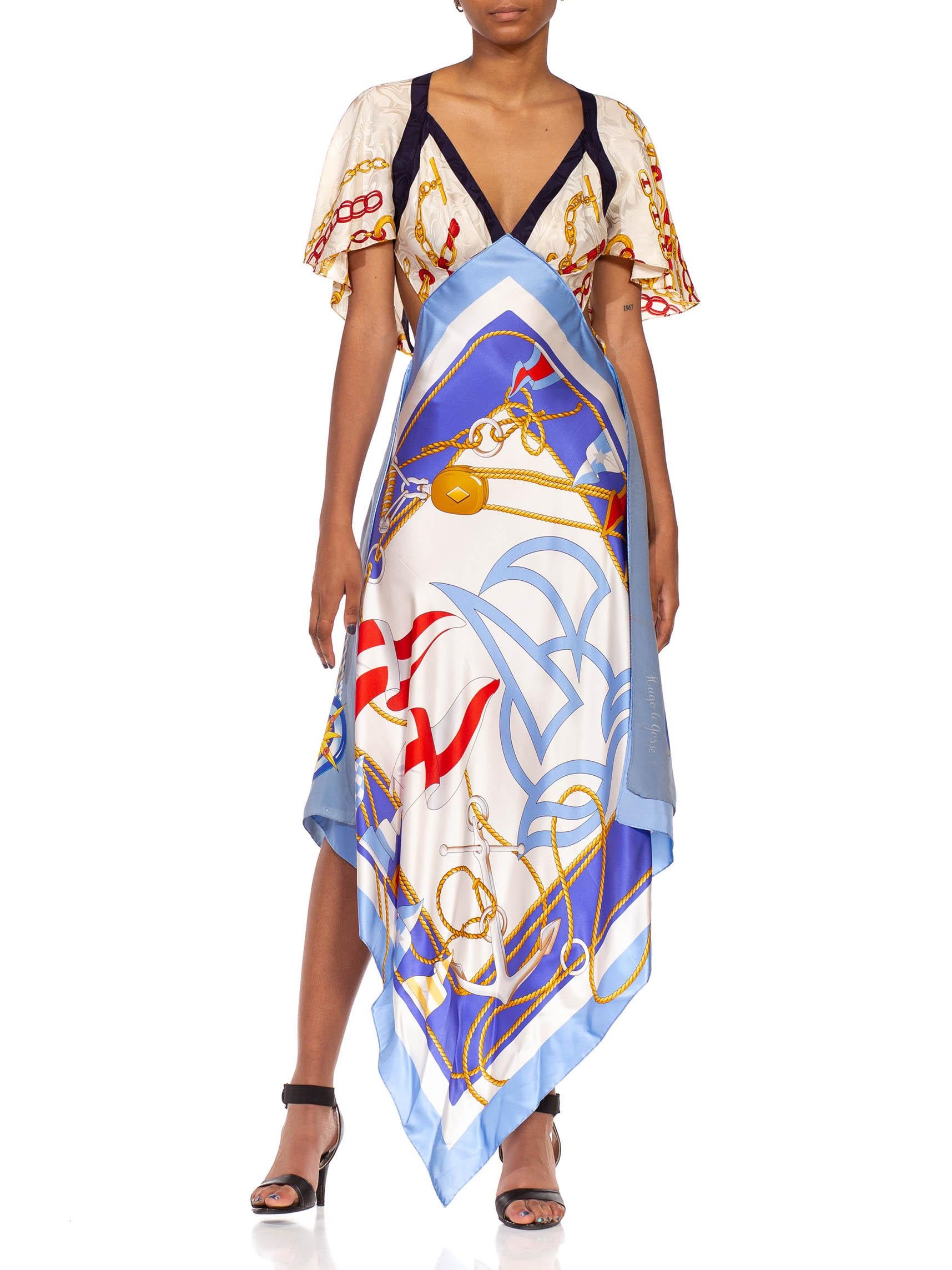 MORPHEW COLLECTION White & Blue Silk Twill Chain Status Print 3-Scarf Dress Mad In Excellent Condition In New York, NY