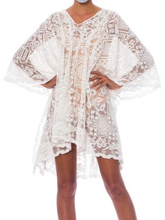MORPHEW COLLECTION White Cotton Handmade Filet Lace Kaftan Tunic Beach Cover-Up