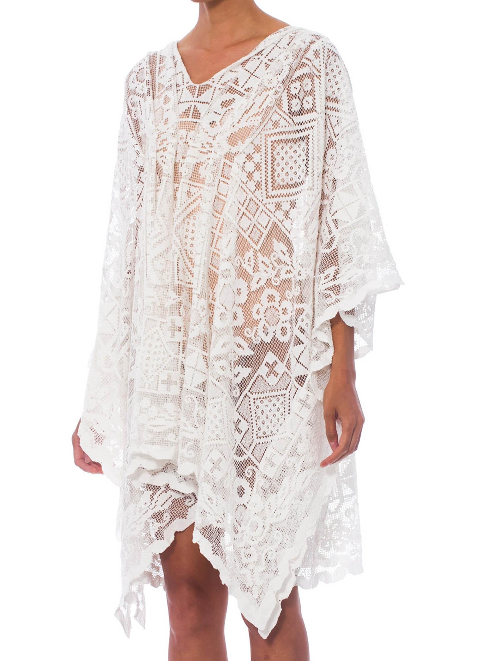 MORPHEW COLLECTION White Cotton Handmade Filet Lace Kaftan Tunic Beach Cover-Up 1