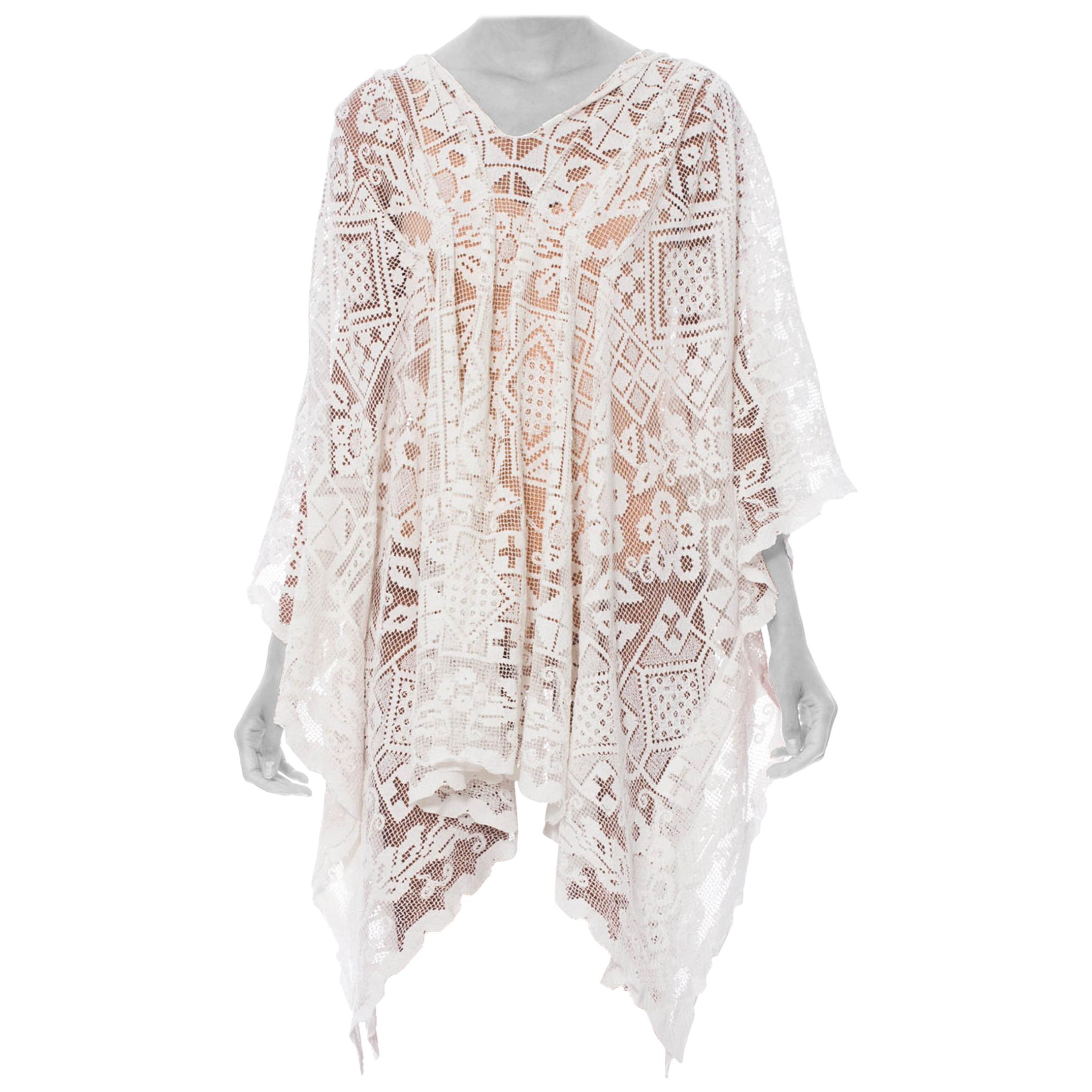 MORPHEW COLLECTION White Cotton Handmade Filet Lace Kaftan Tunic Beach Cover-Up